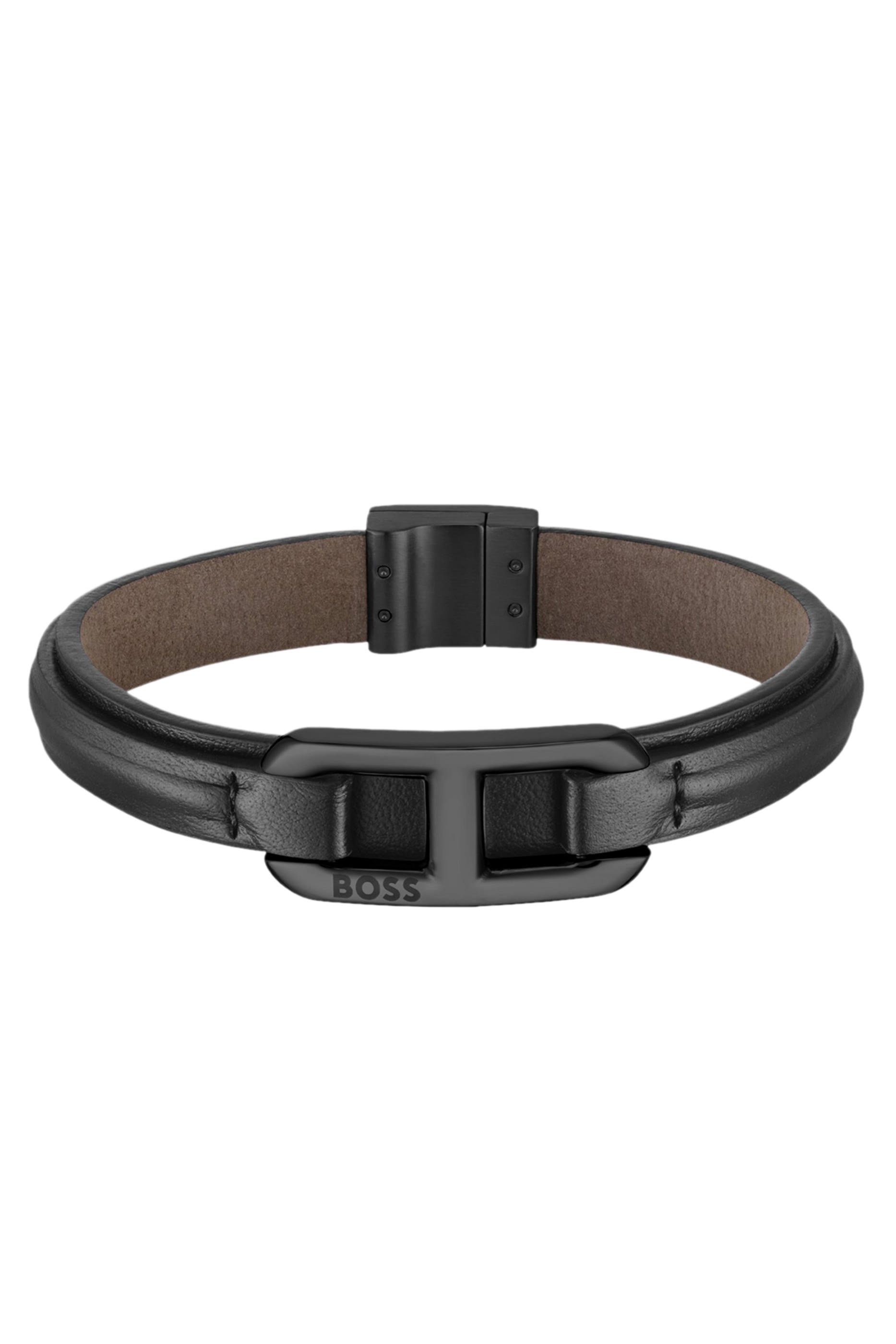  Layered Leather Cuff with Branded Black Metallic Link