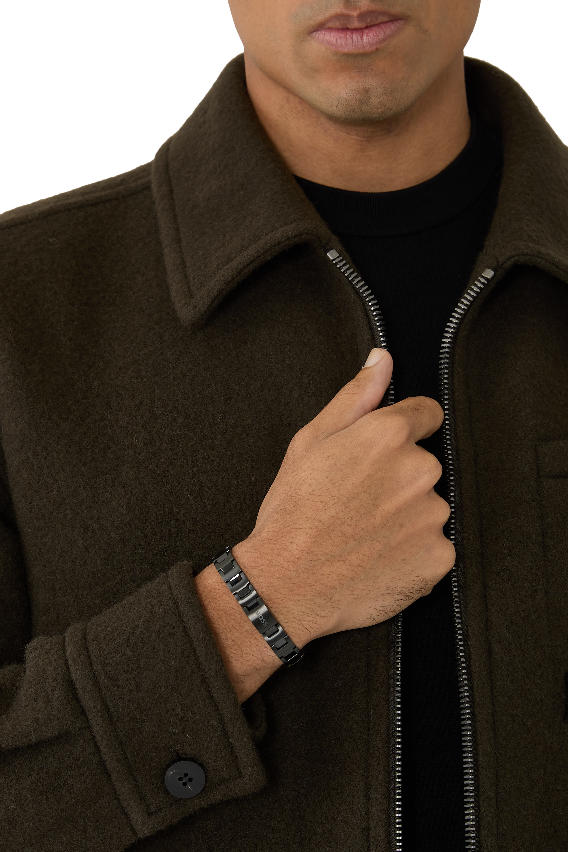 Black-Plated Link Cuff with Logo Closure