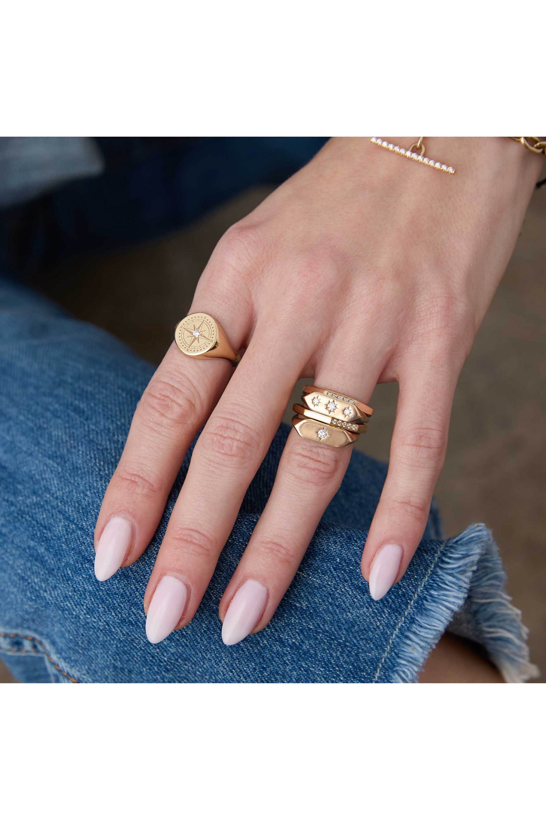  Star Elongated Hexagon Signet Ring, 14K Yellow Gold & Diamond