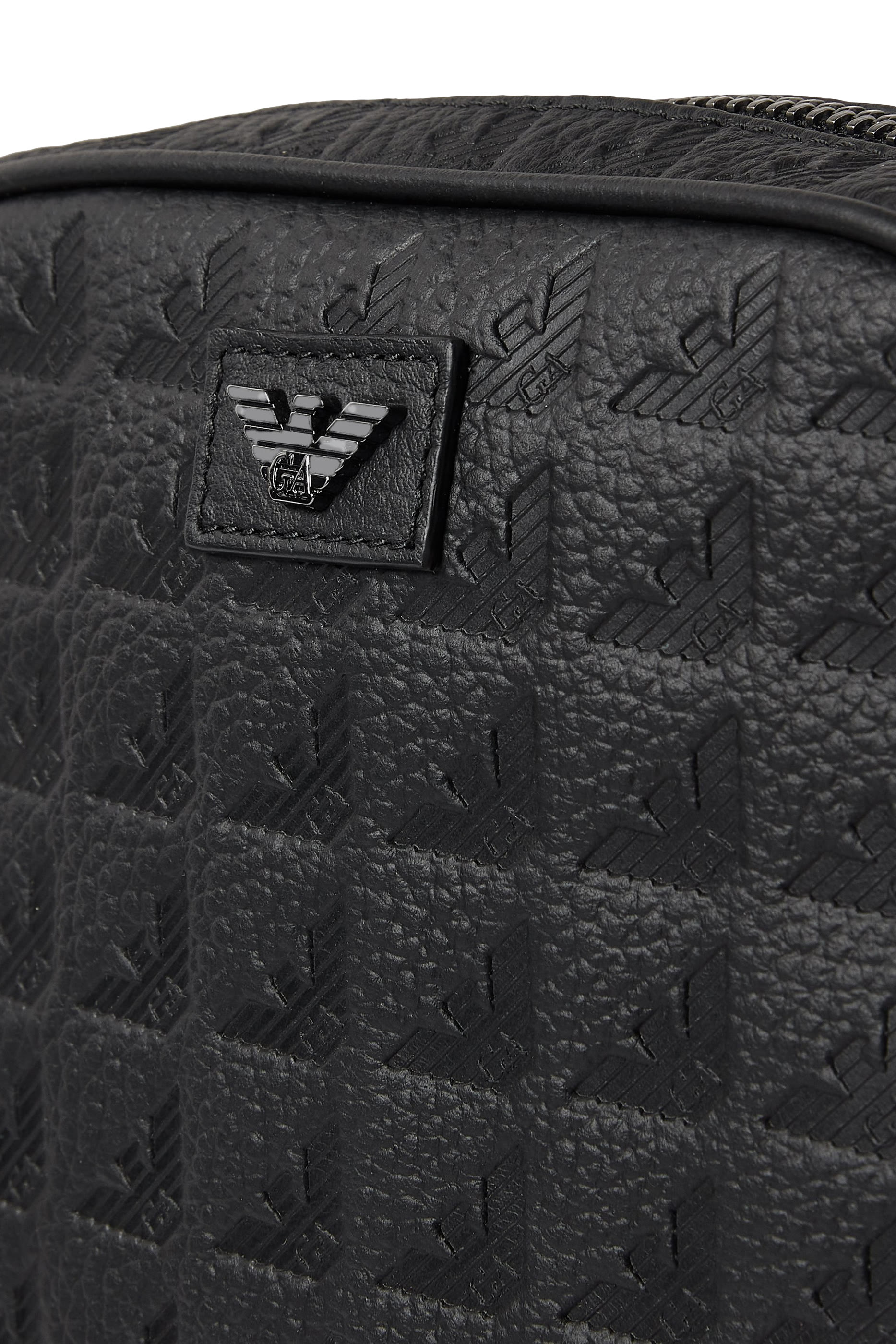 Flat Leather Shoulder Bag with All-Over Embossed Eagle