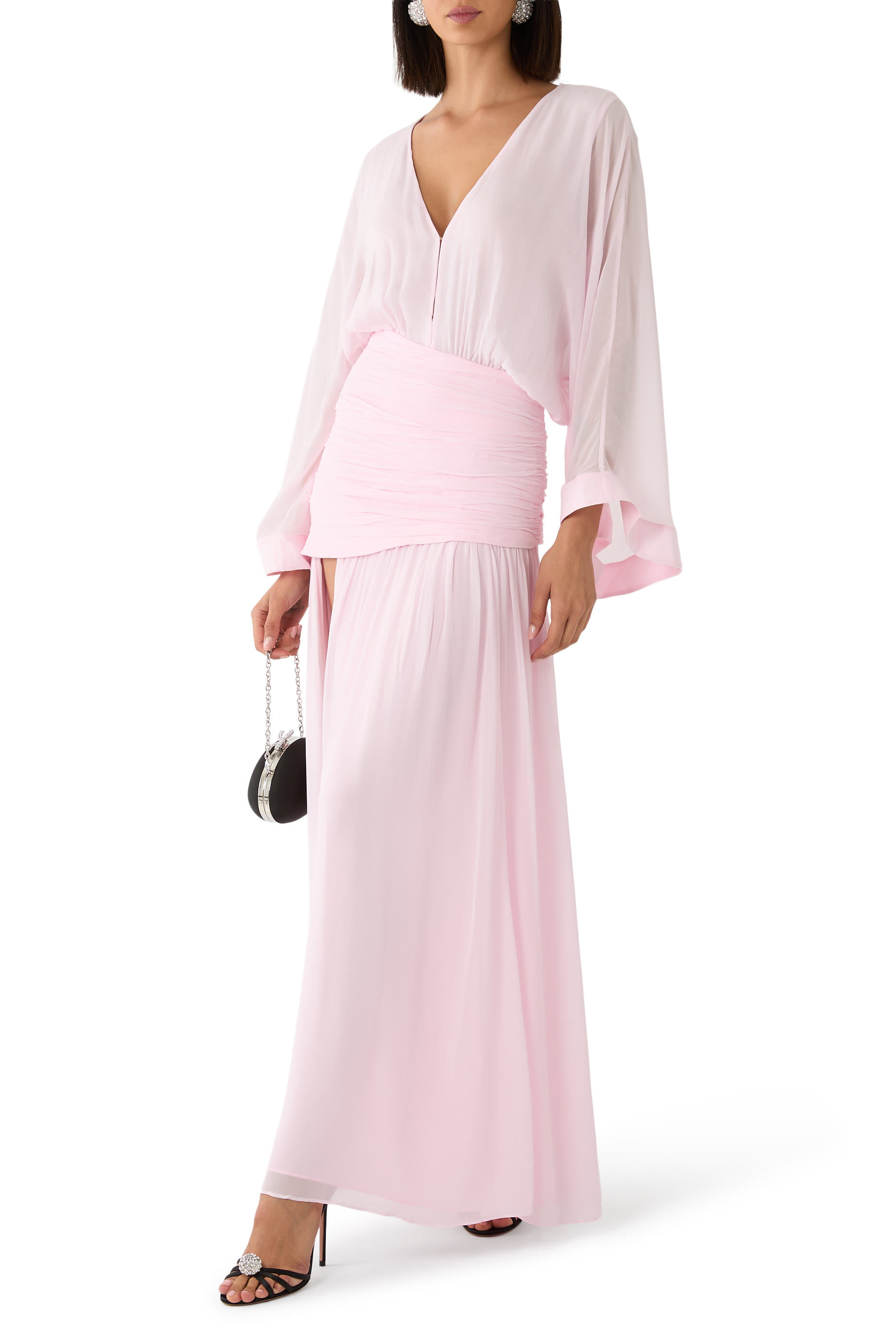 Amina Flared Sleeve Plunged Maxi Dress