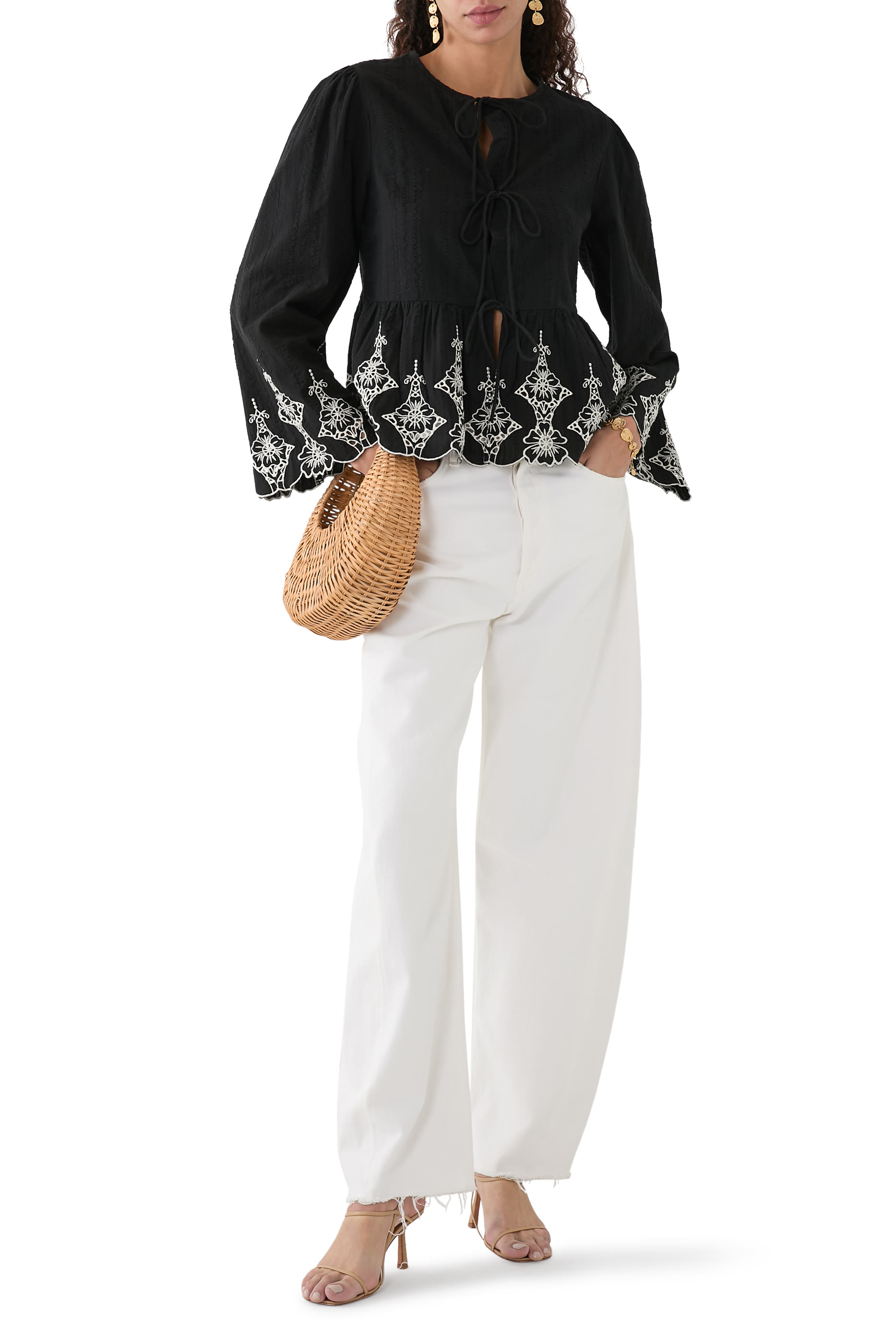 Tie Front Embroidered Blouse