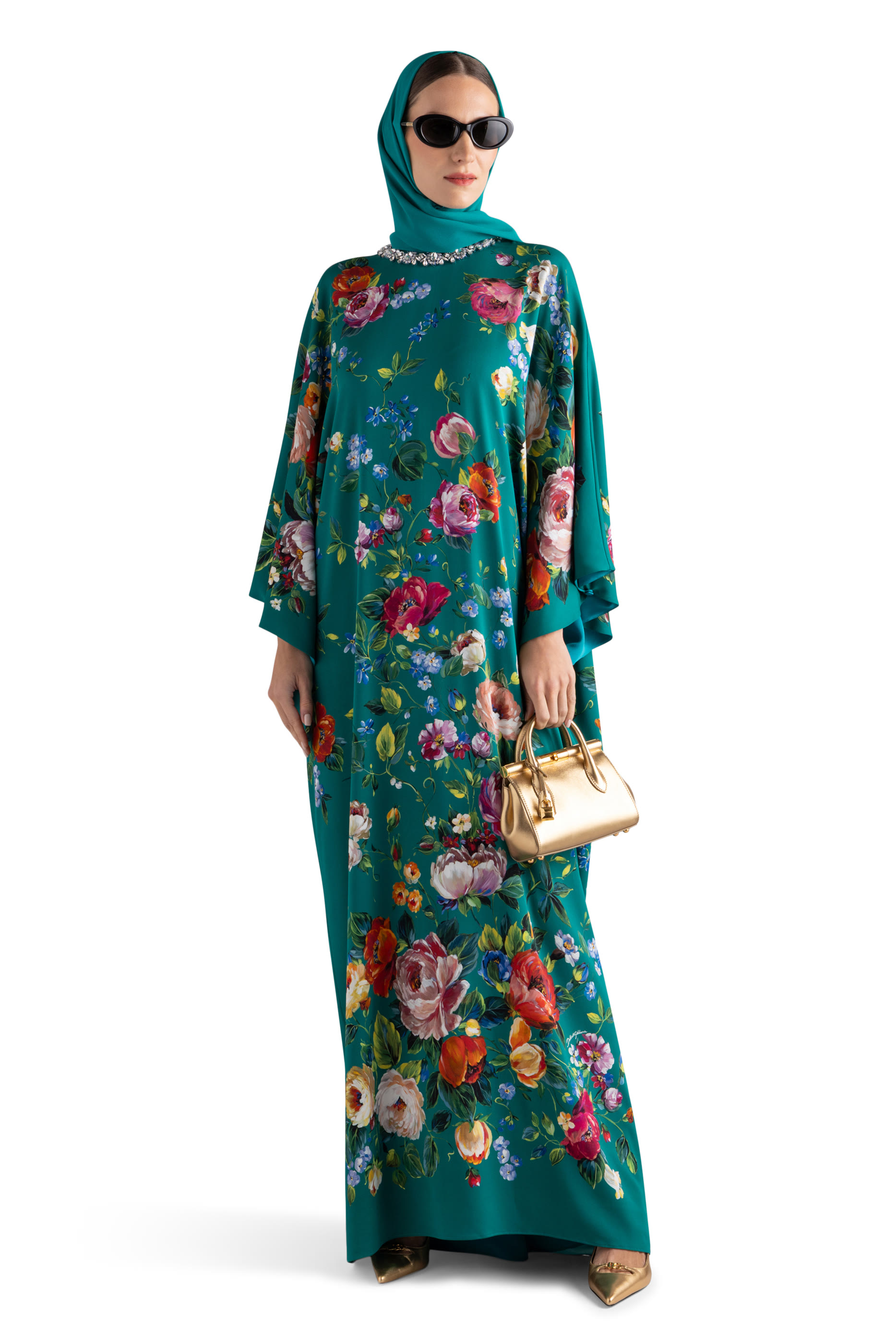 Rose-Print Charmeuse Kaftan