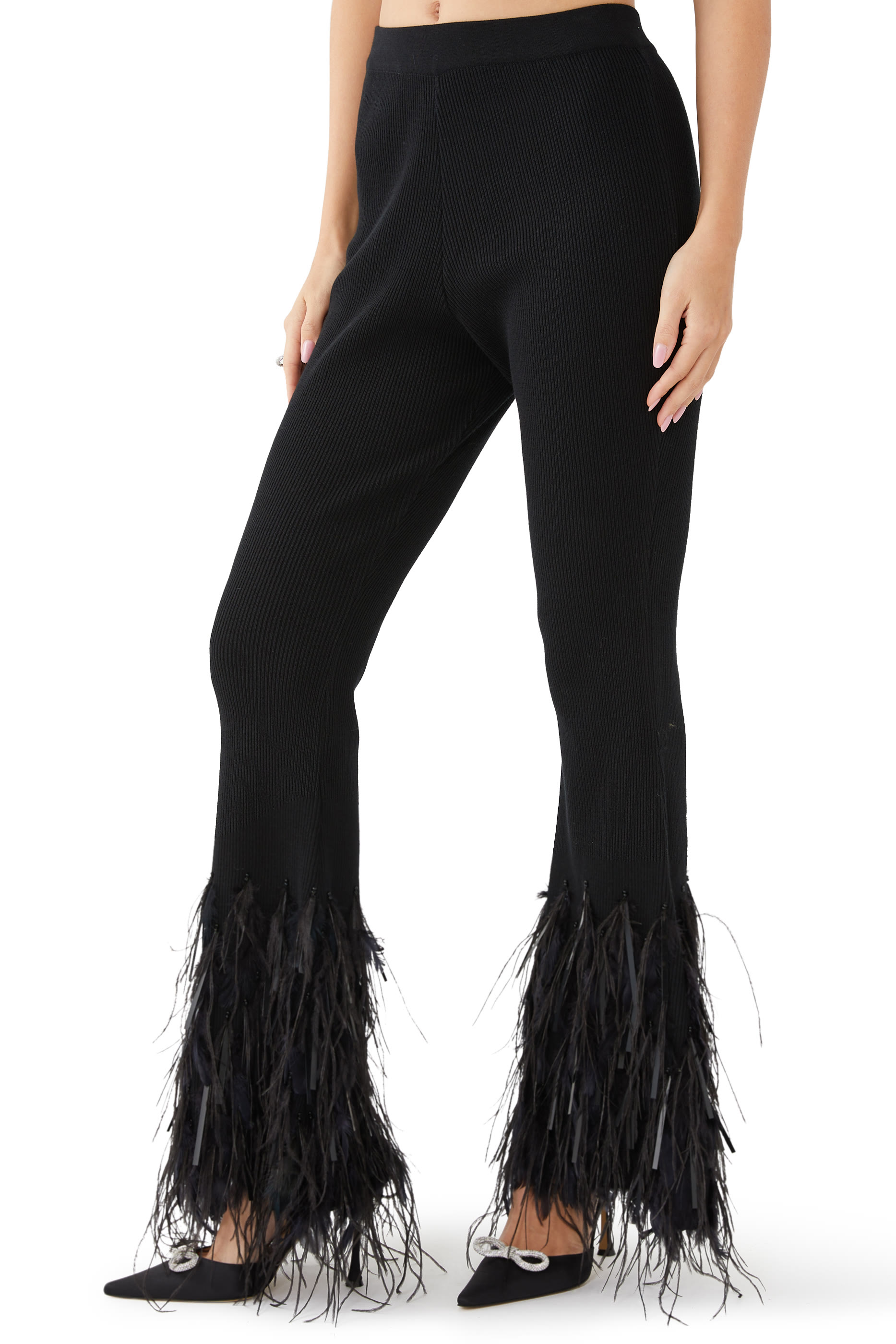 Ostrich Feather-Trim Flared Pants