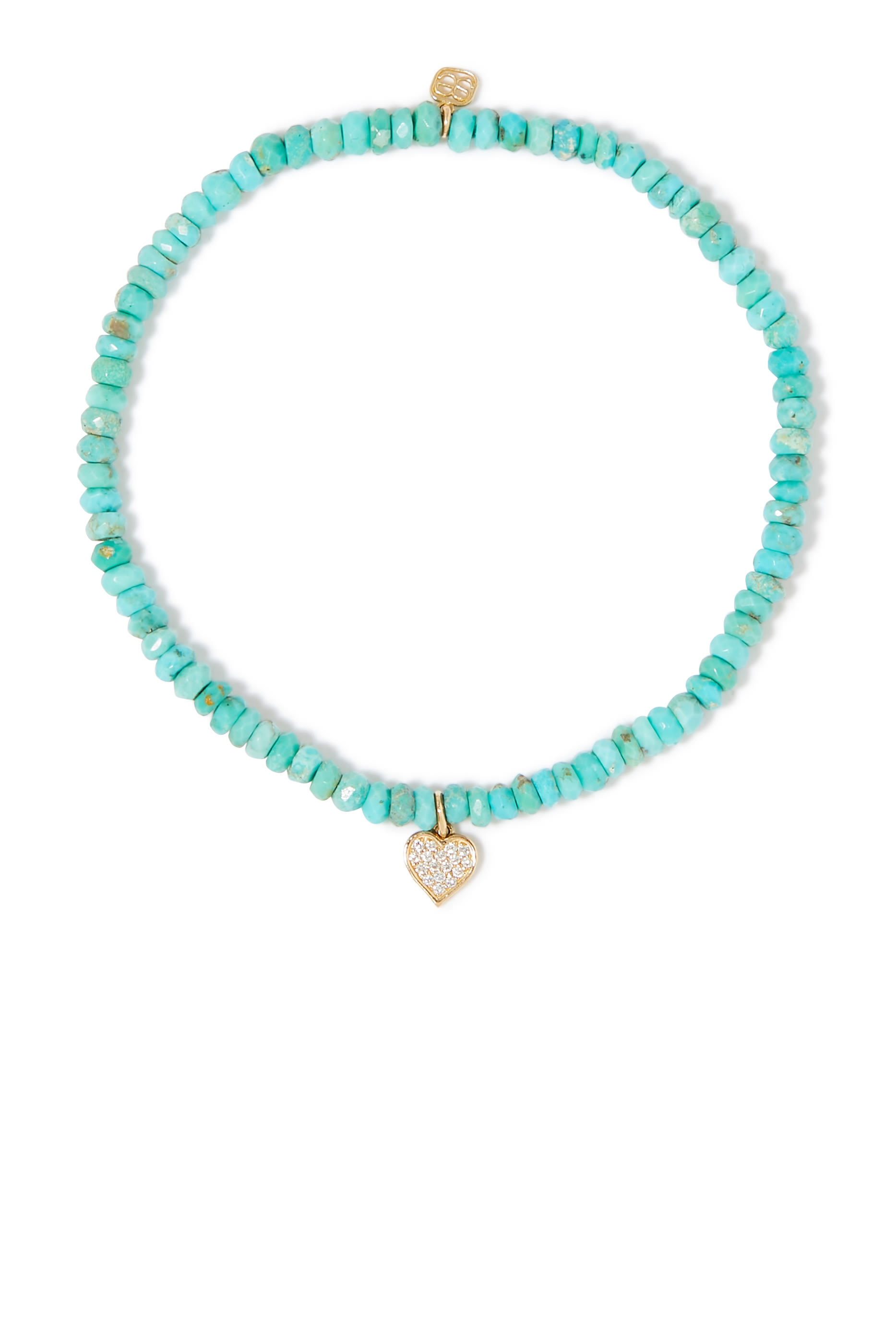 Baby Heart Charm Bracelet, 14K Yellow Gold with Diamonds & Turquoise Beads