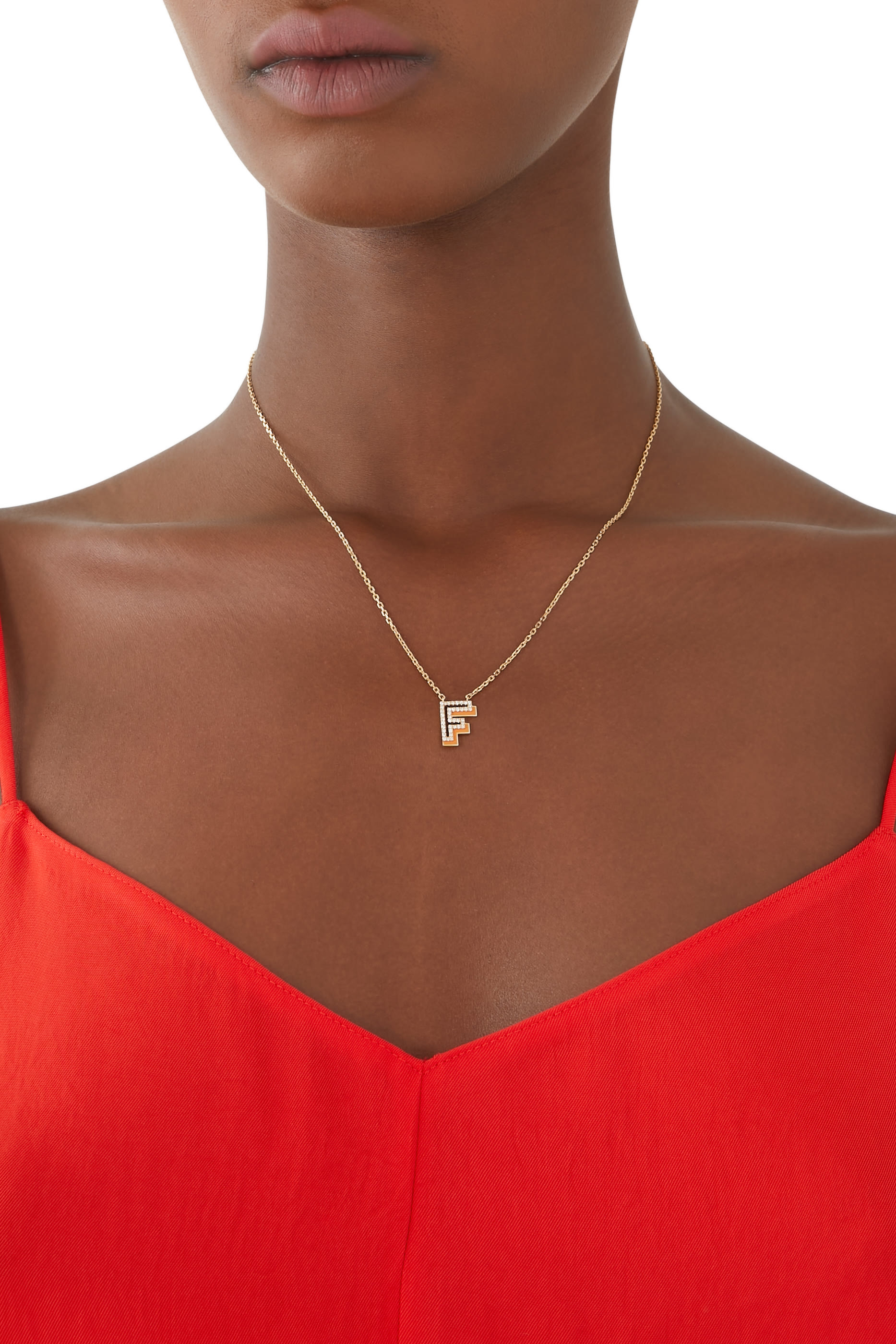 Letter F Silhouette Necklace, 18k Yellow Gold with Diamonds