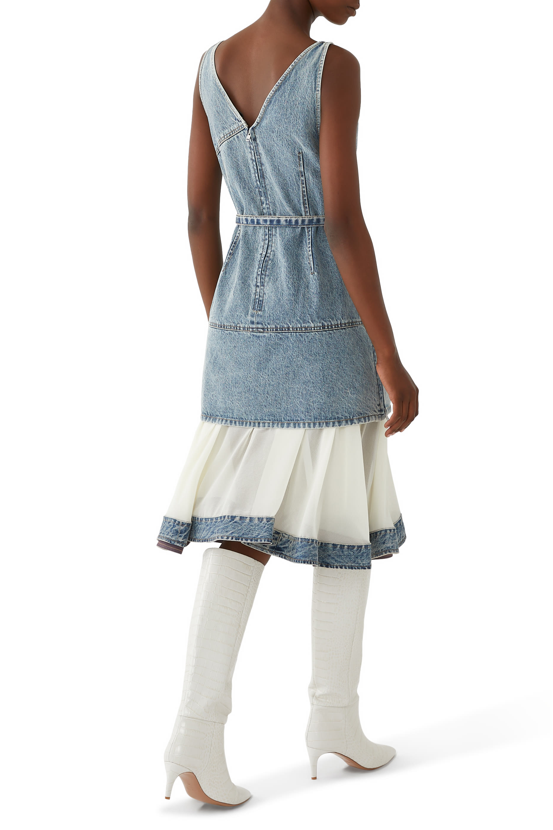 Denim V-Neck Dress with Chiffon Hem