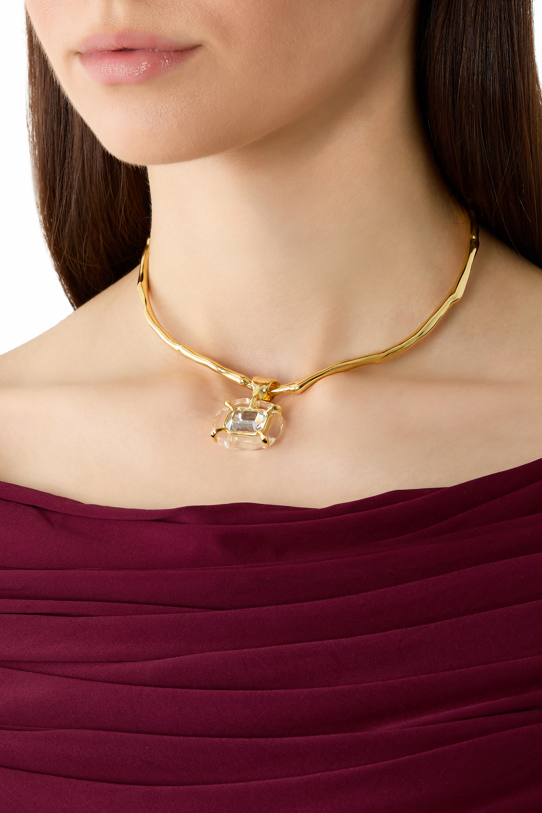 Liquid Lucite Jeweled Crystal Collar, 14K Gold Plated Brass, Lucite & Crystal