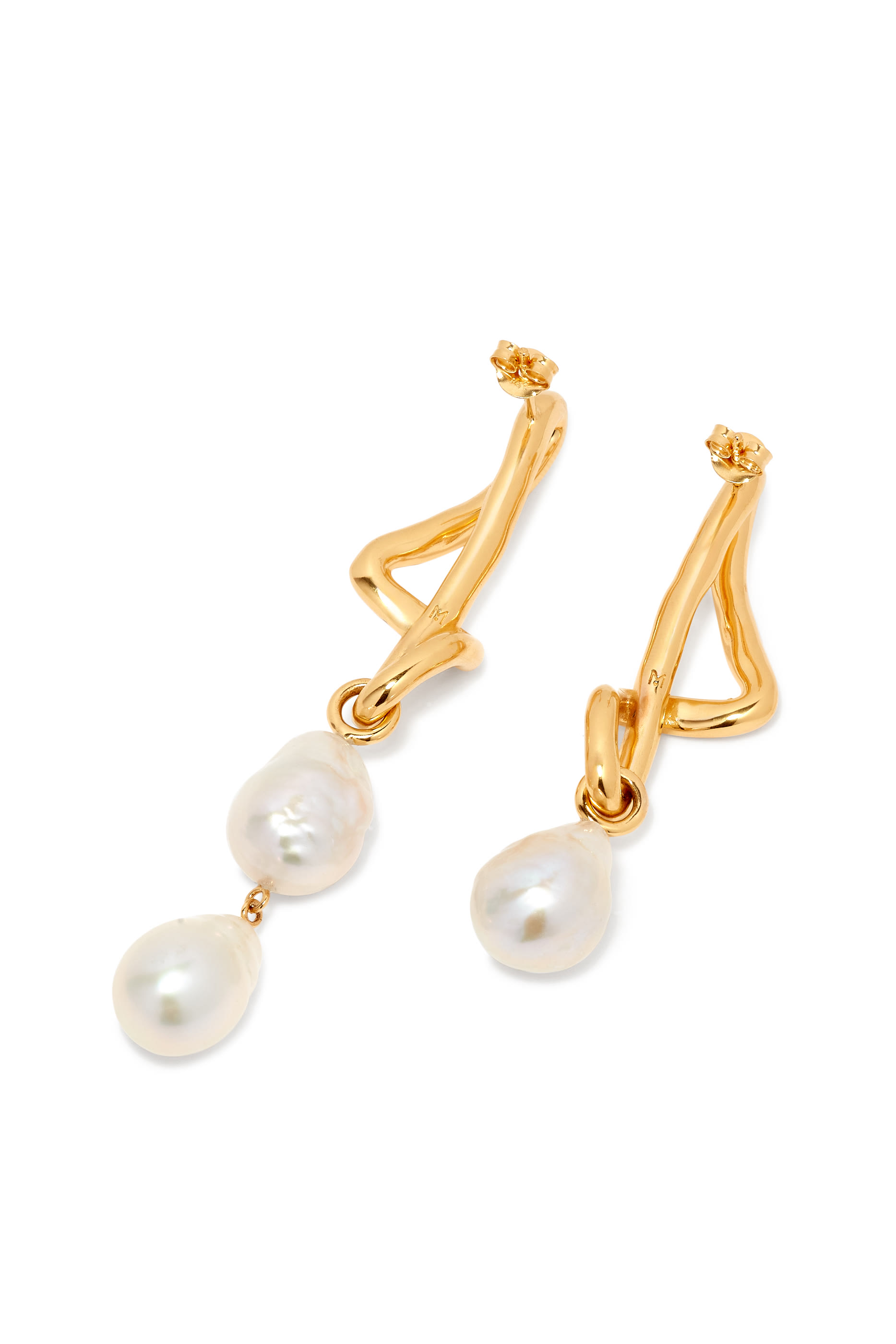 Molten Baroque Pearl Mismatch Drop Earrings, 18ct Recycled Gold Plated on Brass