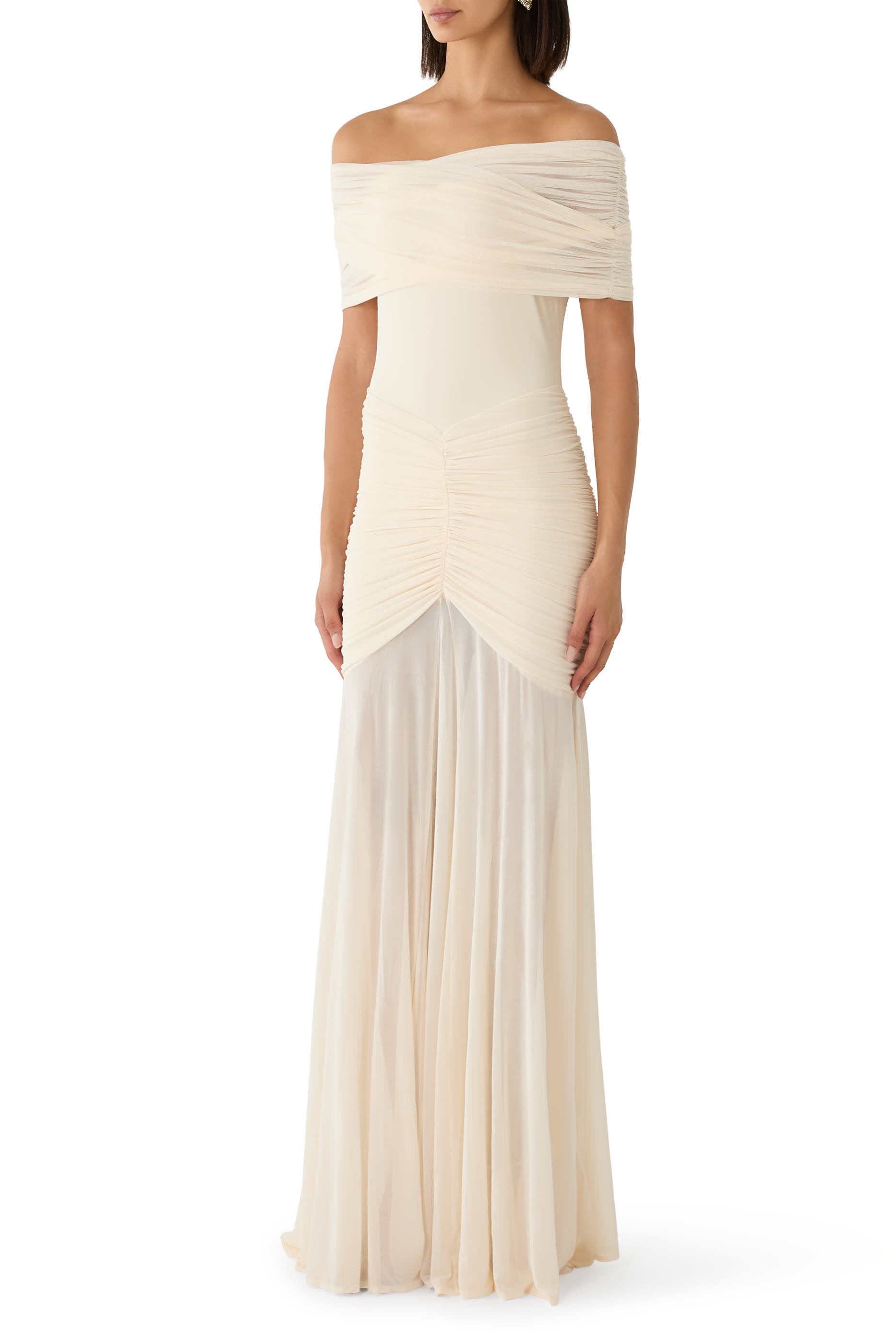  Ruched Off-Shoulder Sheer-Skirt Gown 