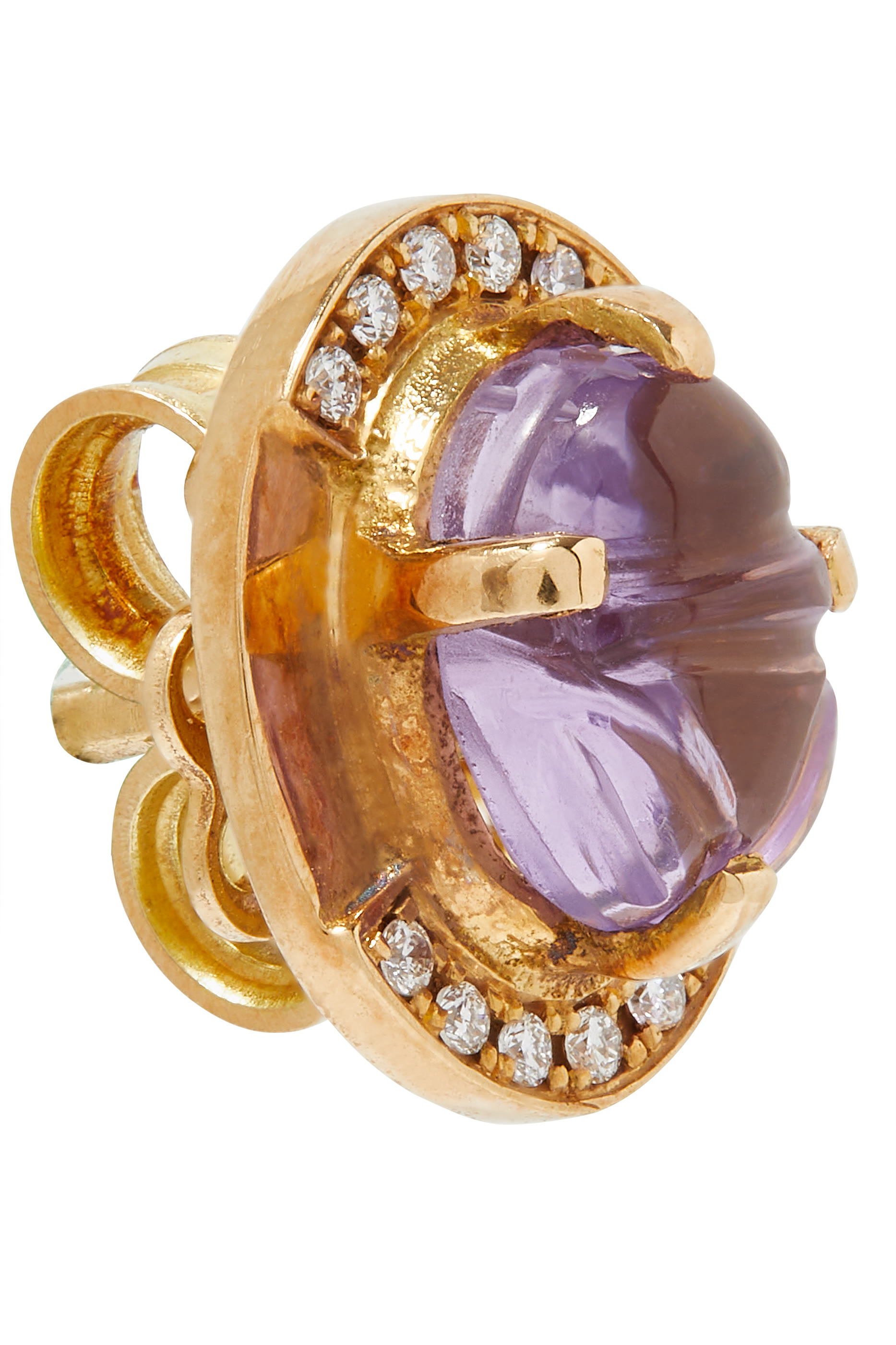Scarab Stone Stud Earring, 18k Yellow Gold with Amethyst & Diamond