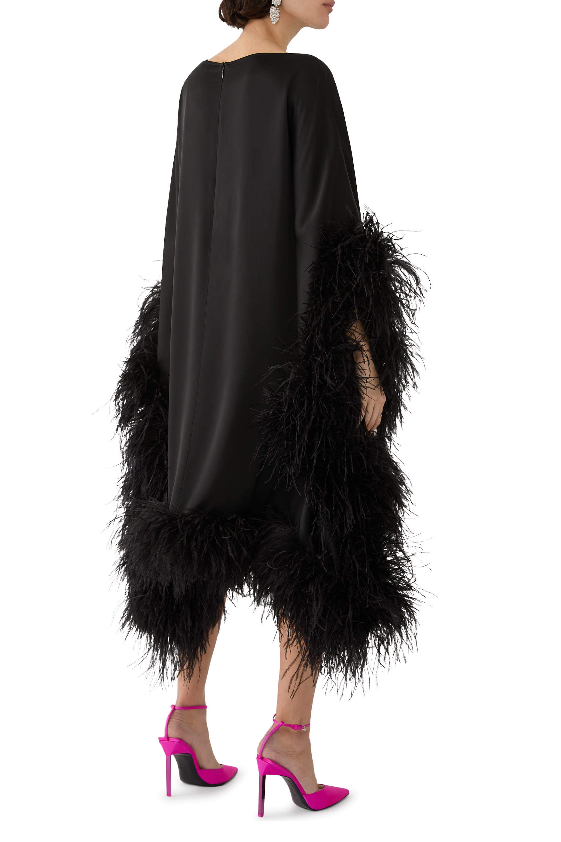 Satin Cape Dress With Feathers