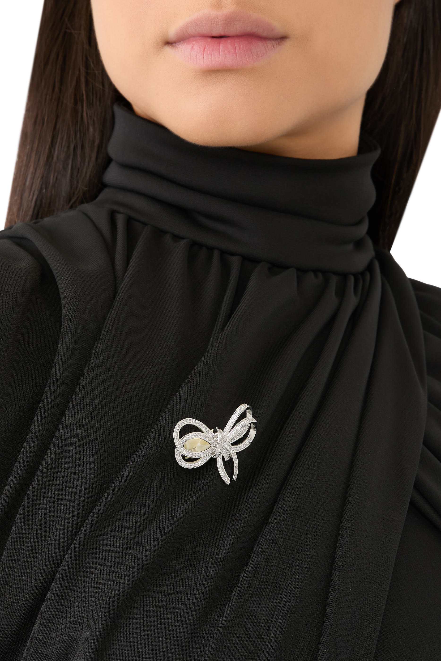 Pave CZ Double Bow Brooch, Rhodium-Plated Brass & Cubic Zirconia