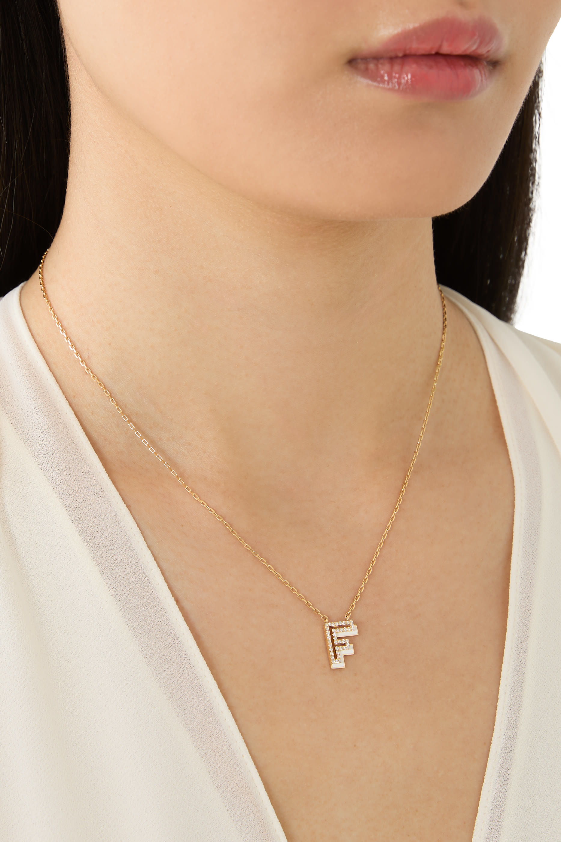  Letter F Silhouette Necklace,  18k Yellow Gold with Diamonds & Enamel