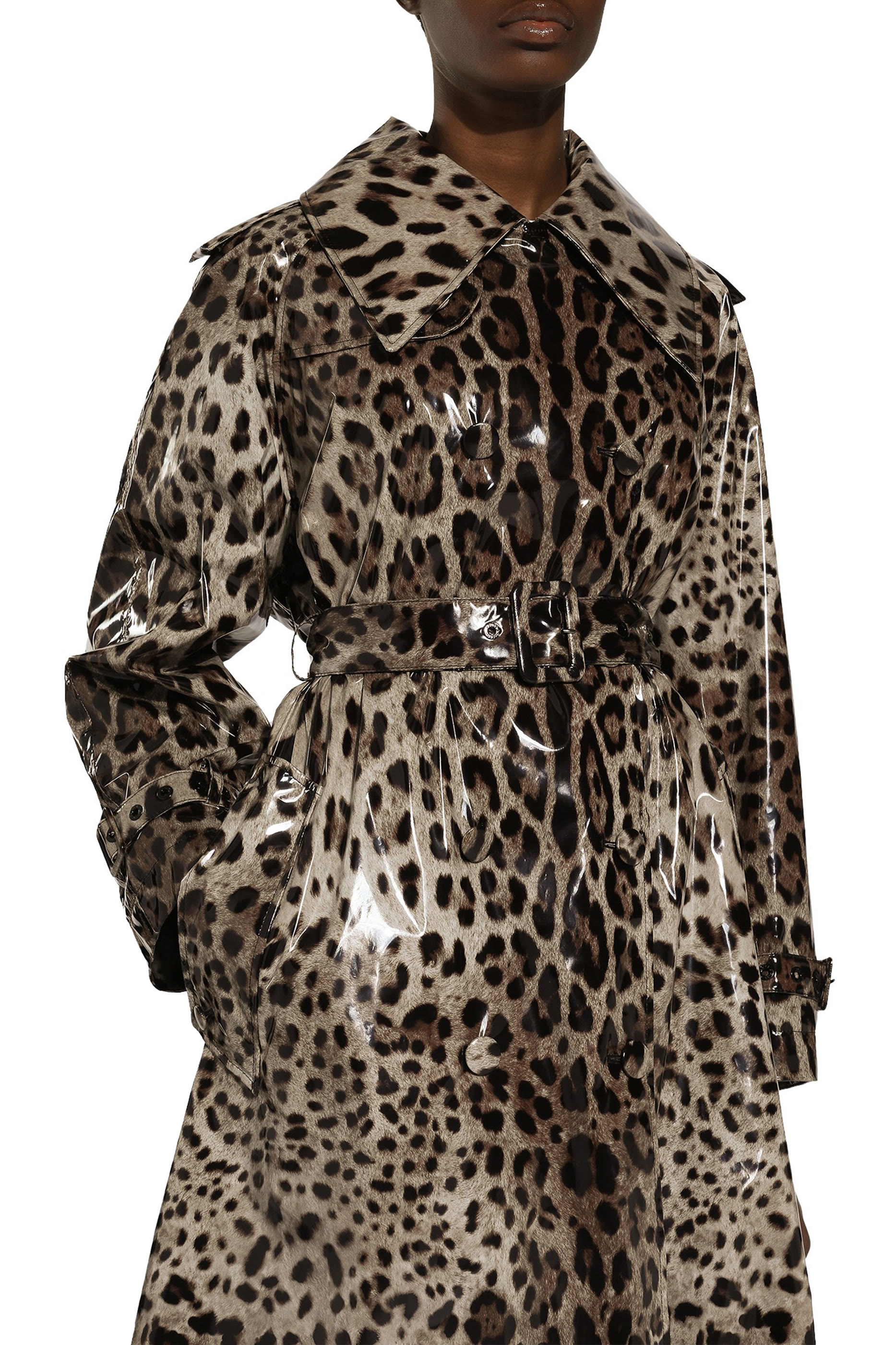 Leopard-Print Coated Satin Trench Coat