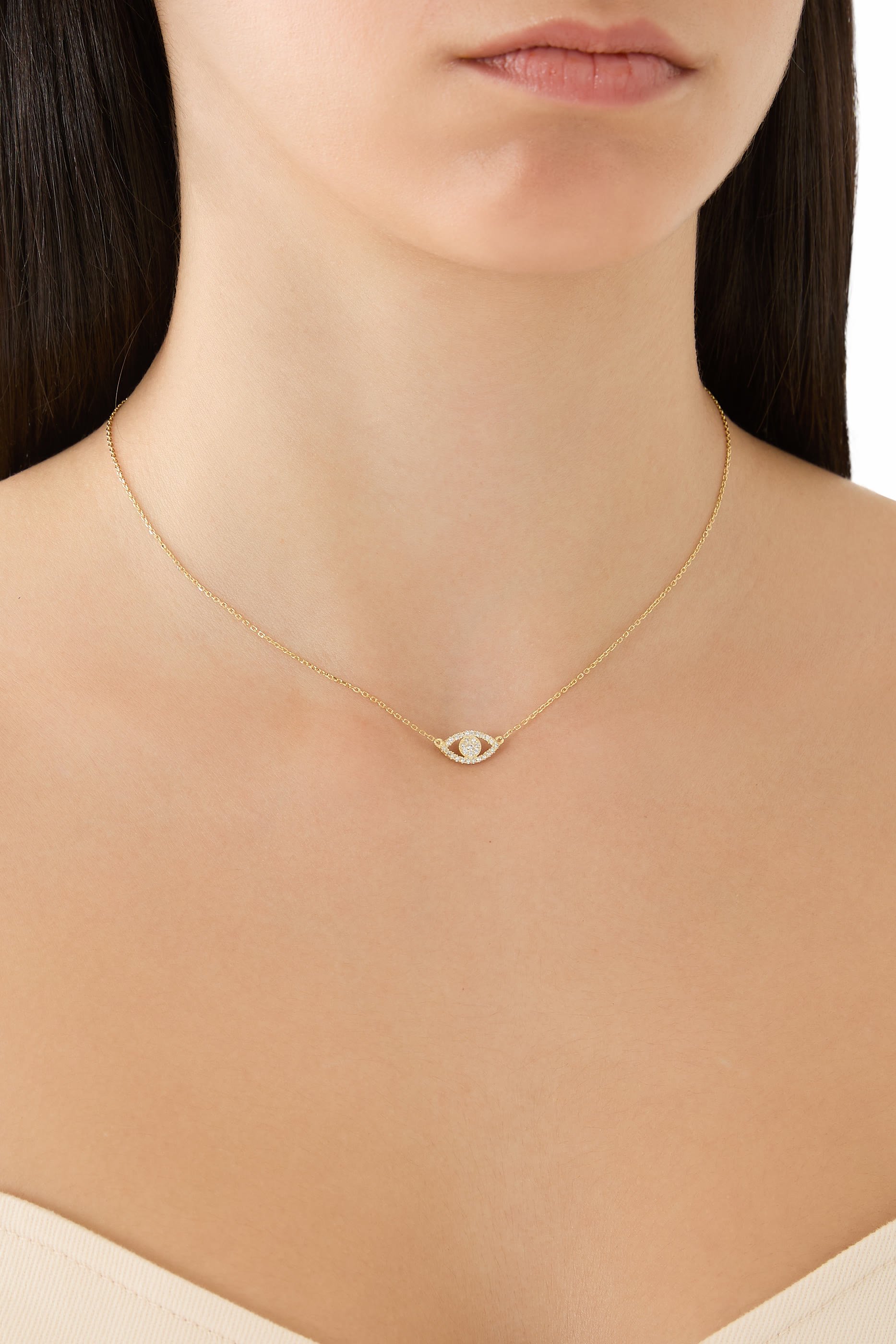 Evil Eye Pave Necklace, 14K Gold Plated Brass & Cubic Zirconia