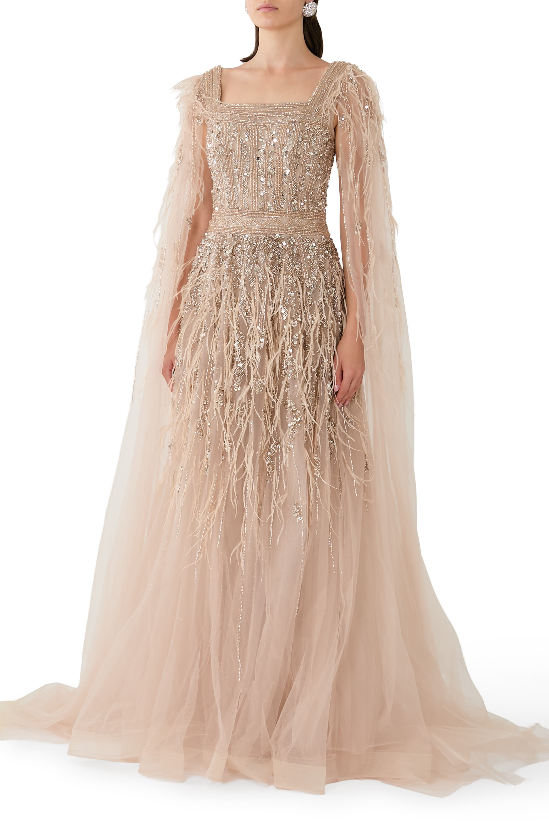 Feathered Cape Sleeves Gown