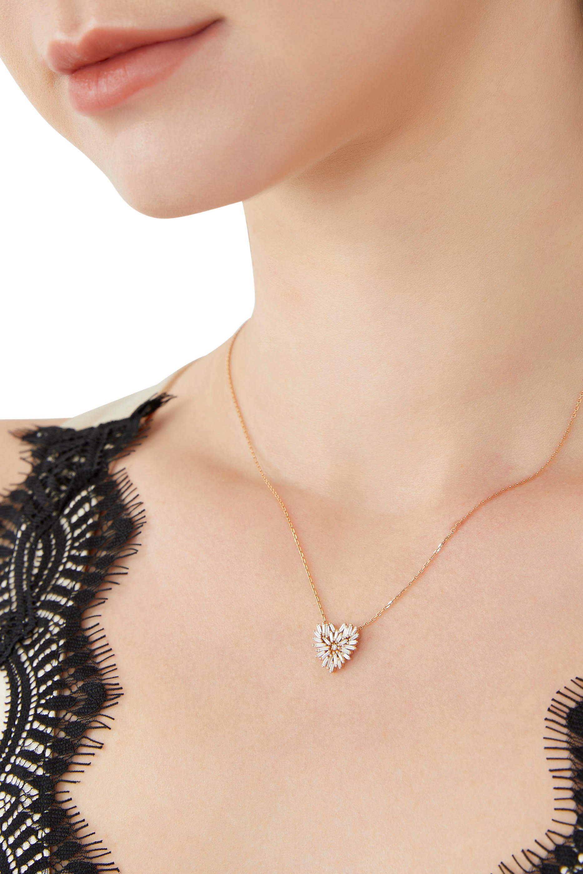 Diamond Baguette Mini Heart Necklace, 18k Rose Gold