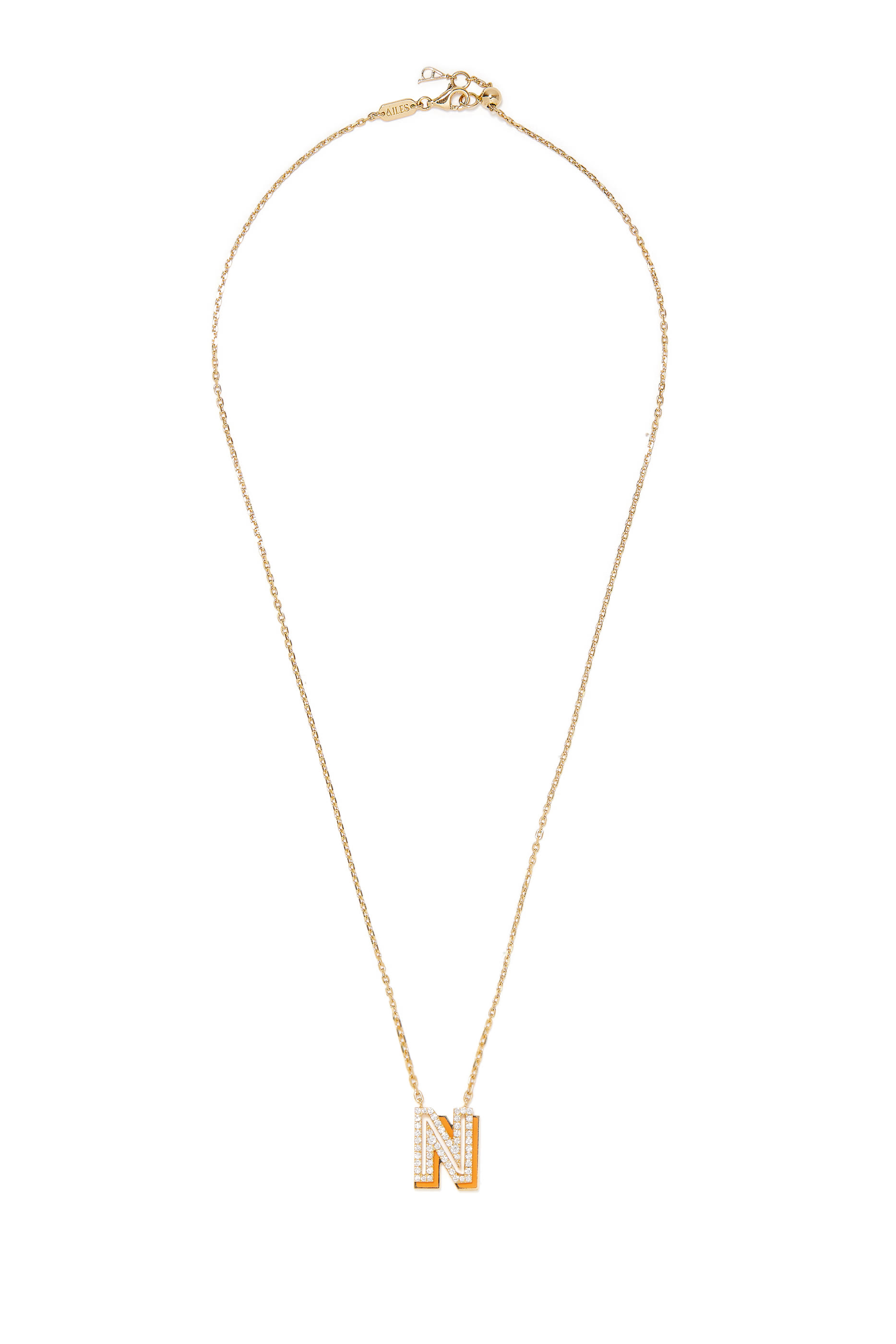 N Letter Pendant Necklace, 18k Gold, Orange Enamel & Diamond