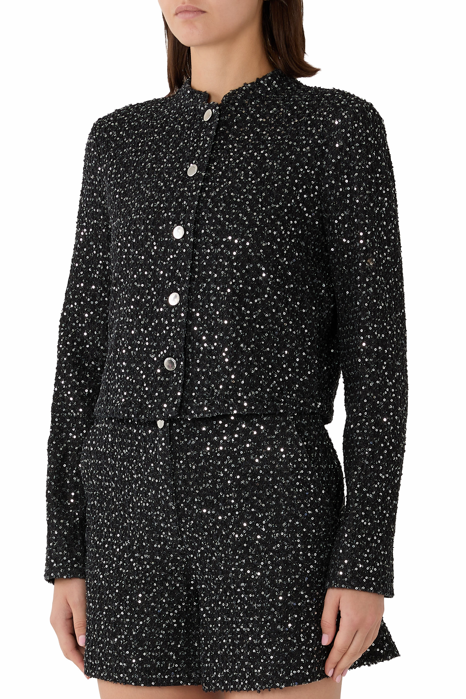 Embroidered Paillettes and Front Buttons Blazer