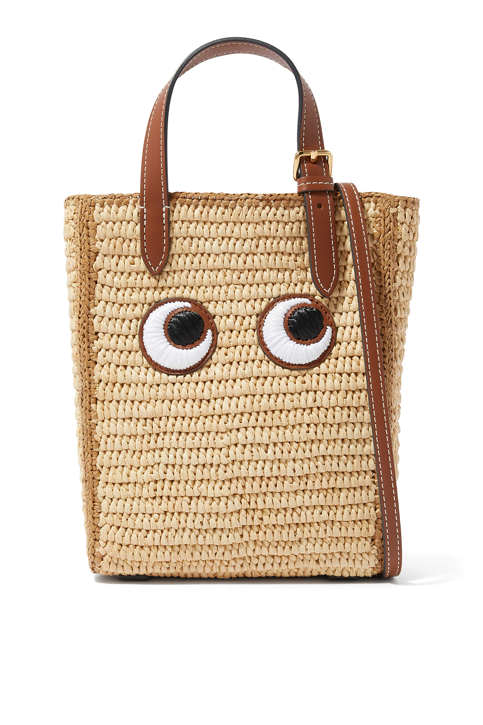 N/S Raffia Eyes Mini Cross-Body Tote Bag