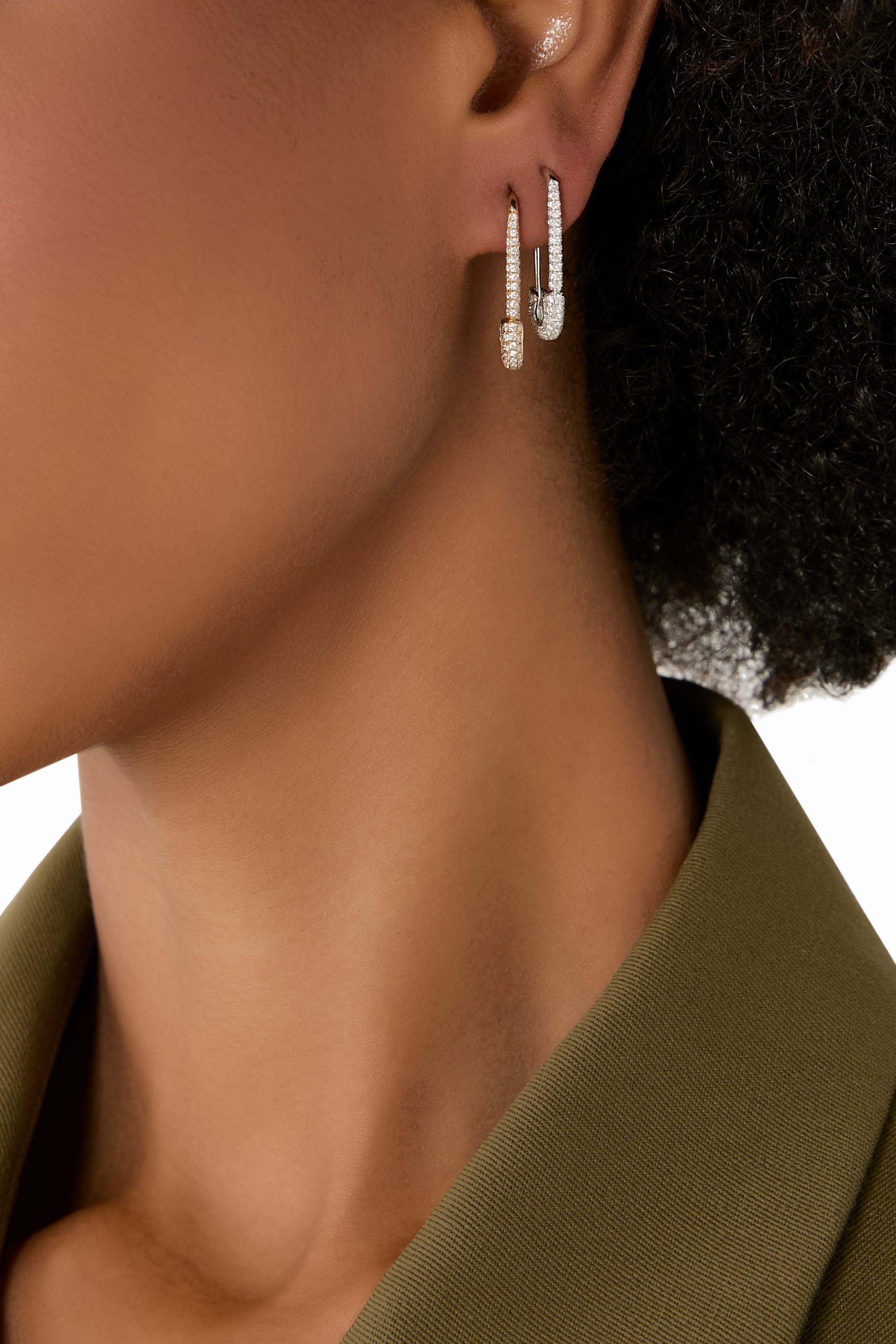 Diamond Safety Pin Single Earring Left, 18k Yellow Gold & Diamonds