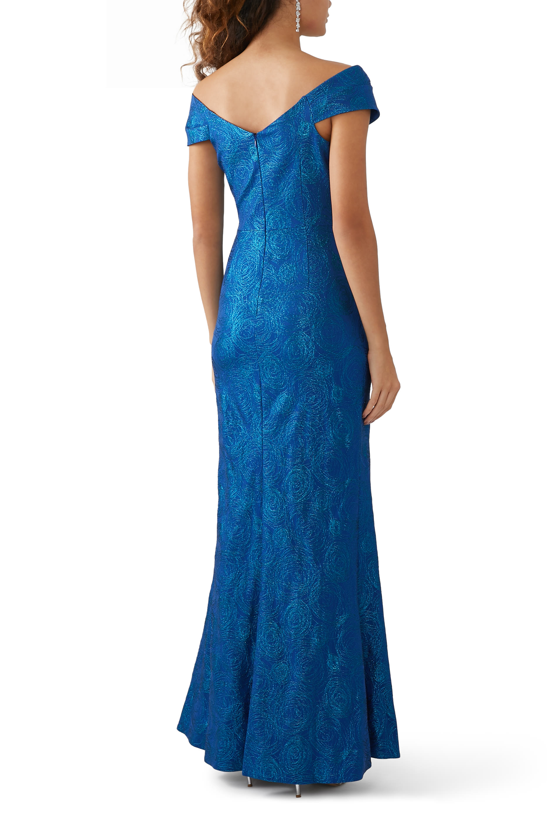 Stretch Jacquard Asymmetrical Swirl Gown