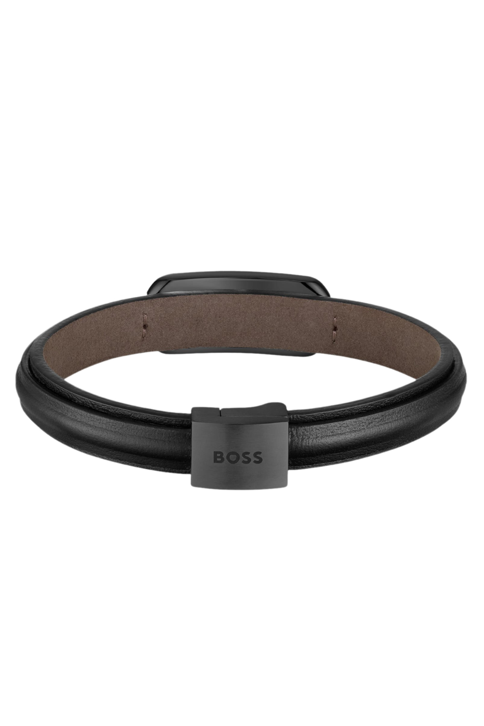  Layered Leather Cuff with Branded Black Metallic Link