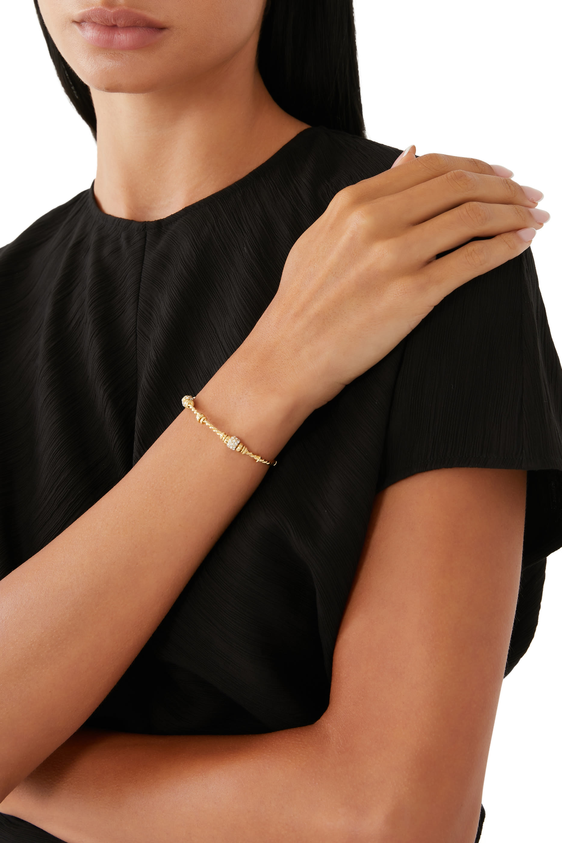 Jonc Torsade Bracelet, Gold-Plated Metal & Crystals