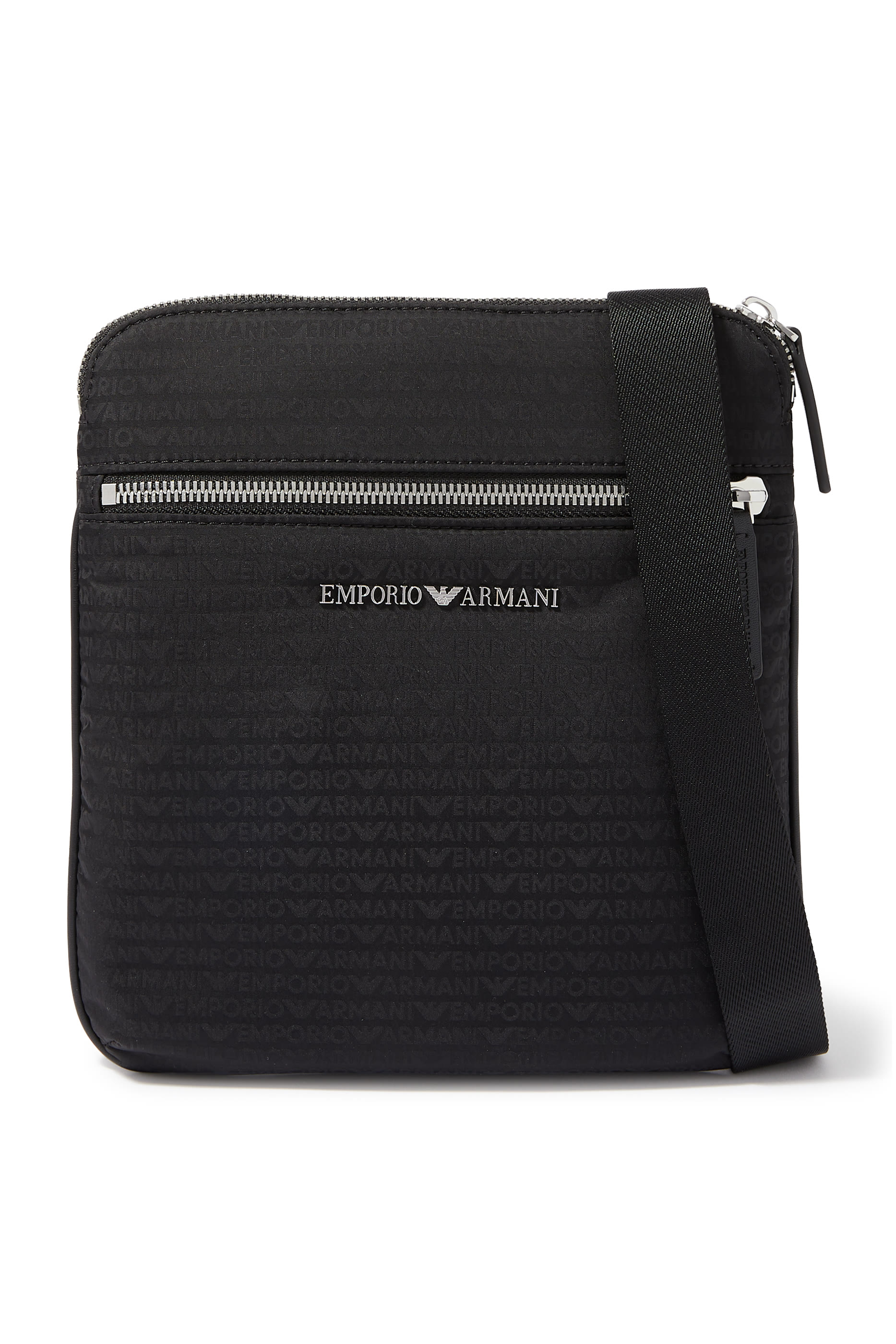 Flat Shoulder Bag in Nylon with All-Over Jacquard Logo Lettering