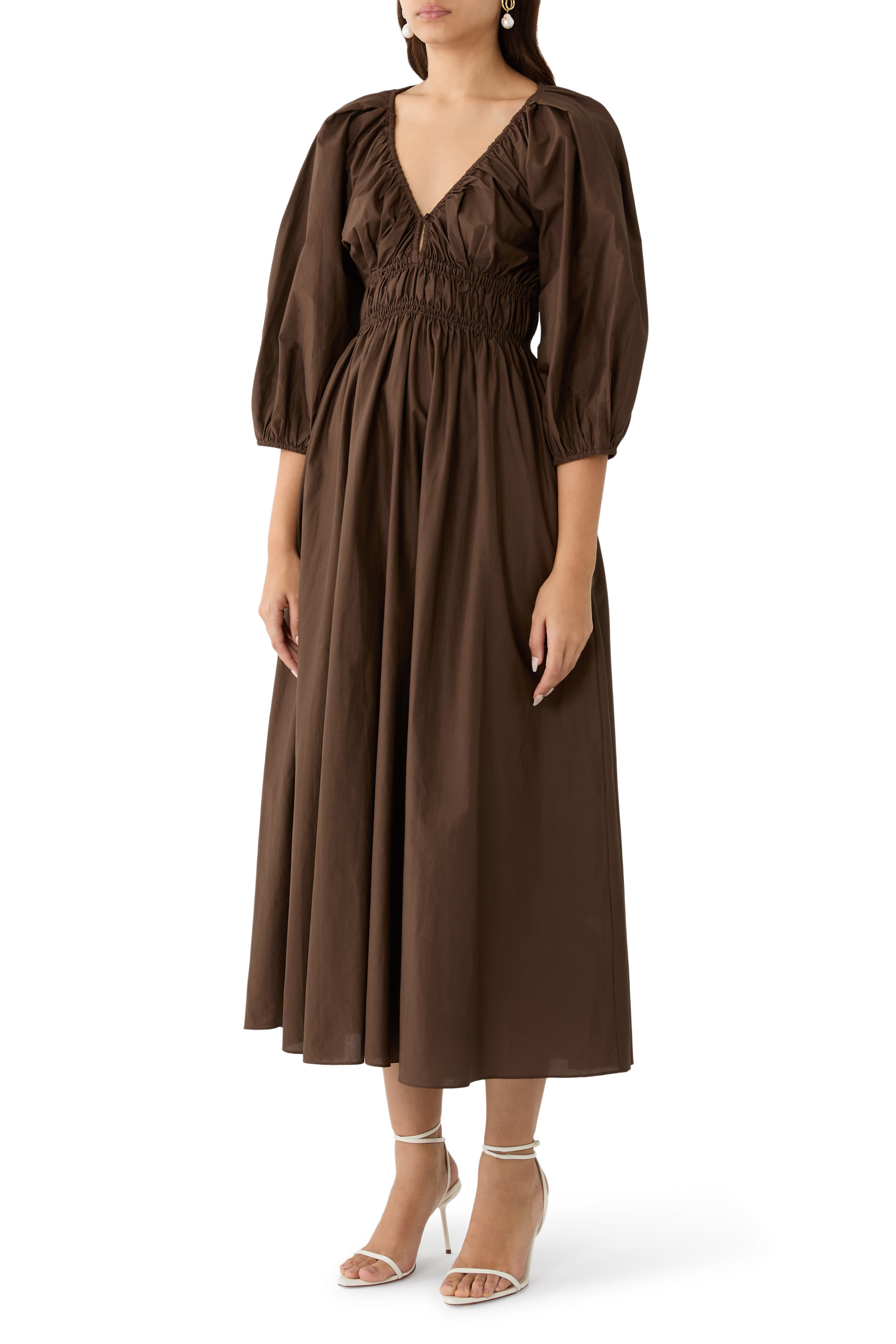 Shirred Plunge Button Dress