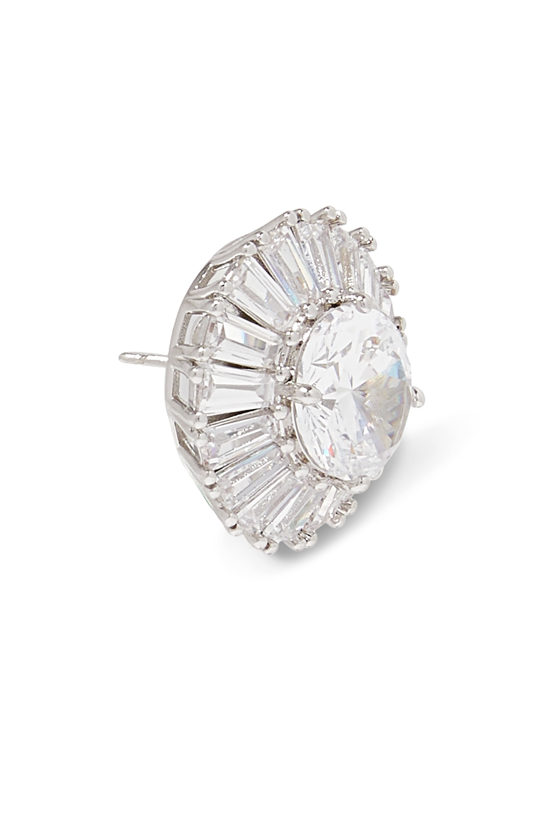 Oval Baguette Statement Button Earrings, Rhodium Plated Brass & Cubic Zirconia