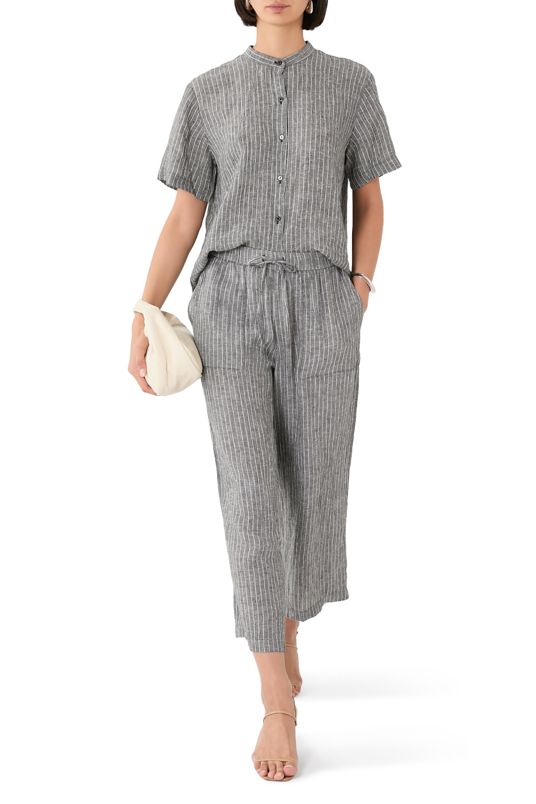 Puckered Organic Linen Wide-Leg Cropped Pants