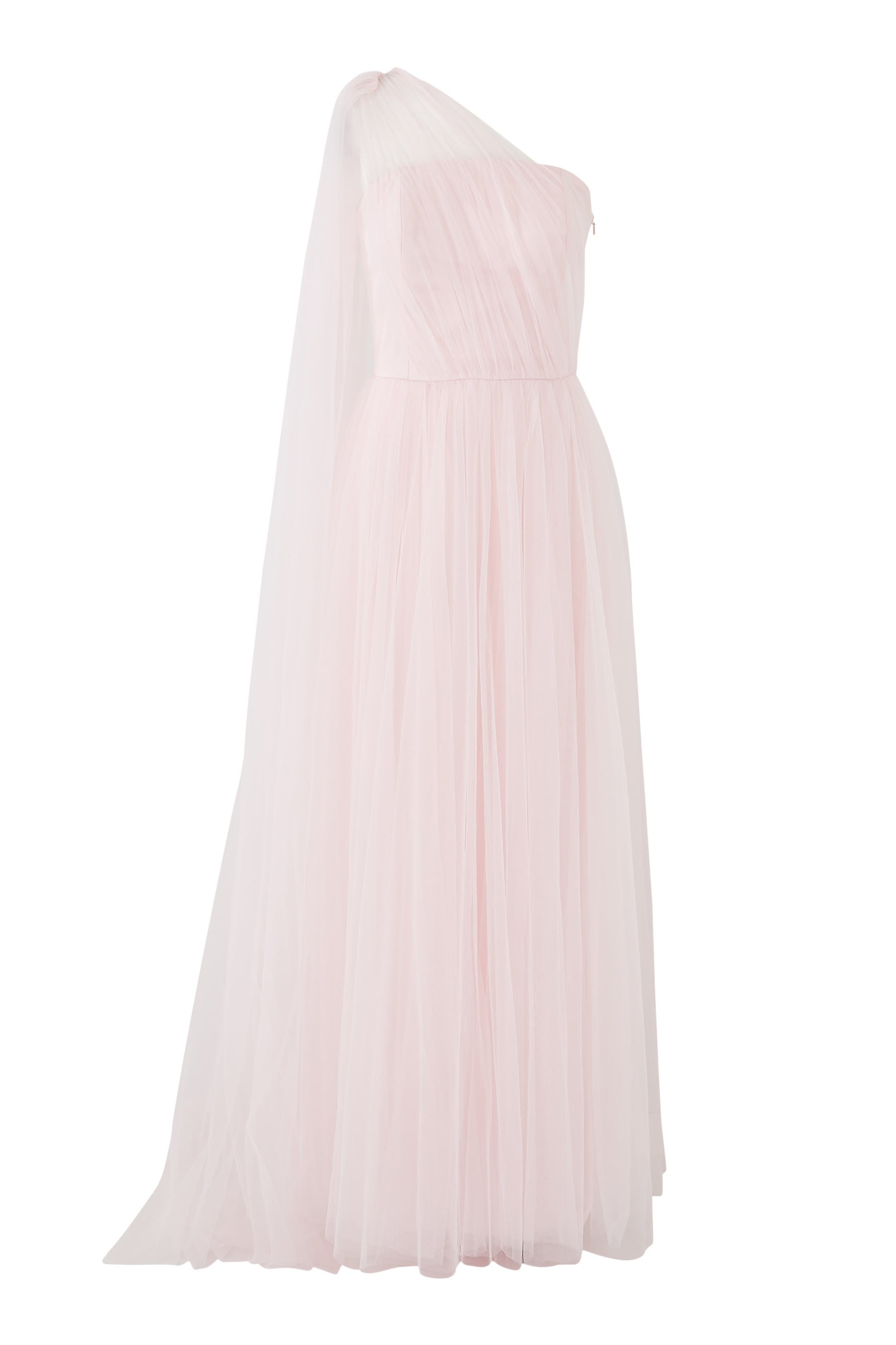 Asymmetrical Tulle Draped Gown with Side Train