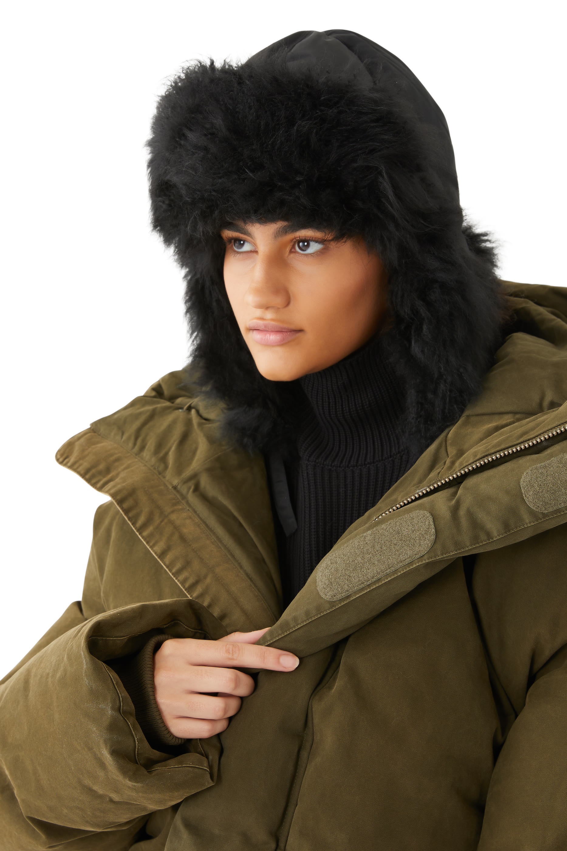 Ushanka in Quilted Technical Fabric with Fox Fur