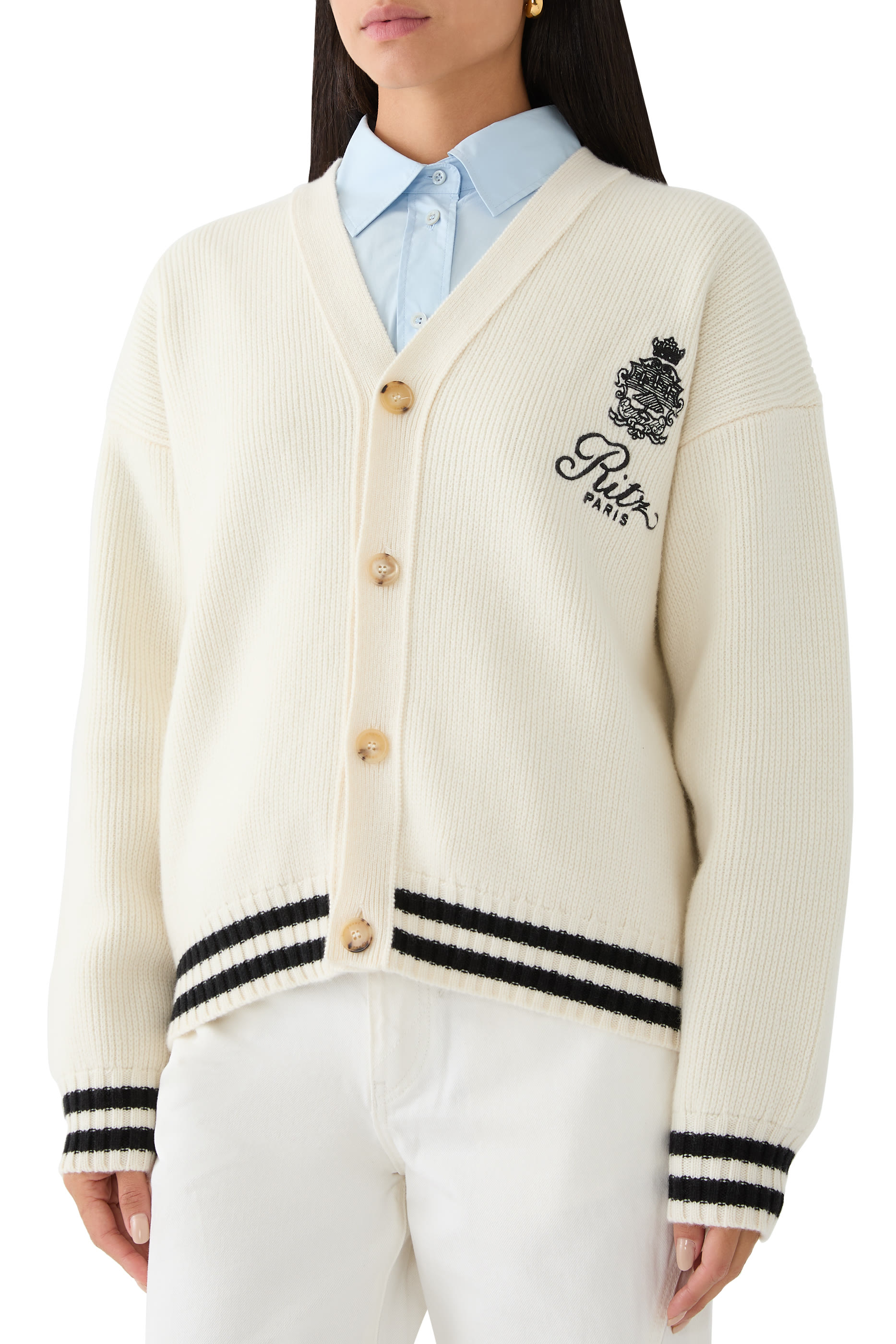 RITZ MEN'S EMBROIDERY CASHMERE CARDIGAN:CREAM:M