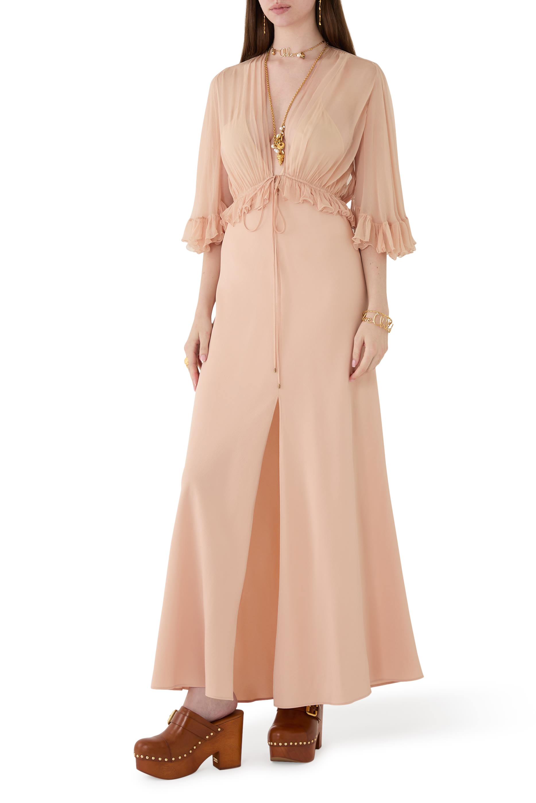 V-Neck Long Dress in Crêpe Satin
