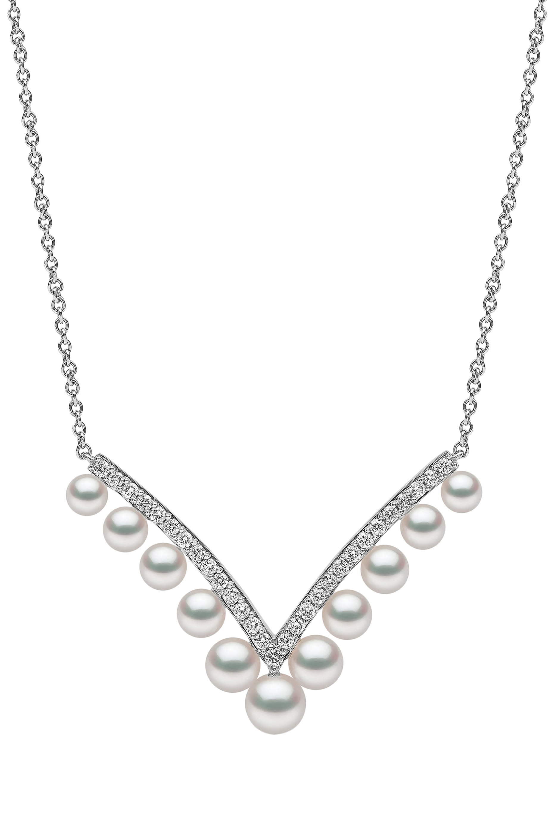 Sleek Necklace, 18k White Gold, Diamond & Pearls