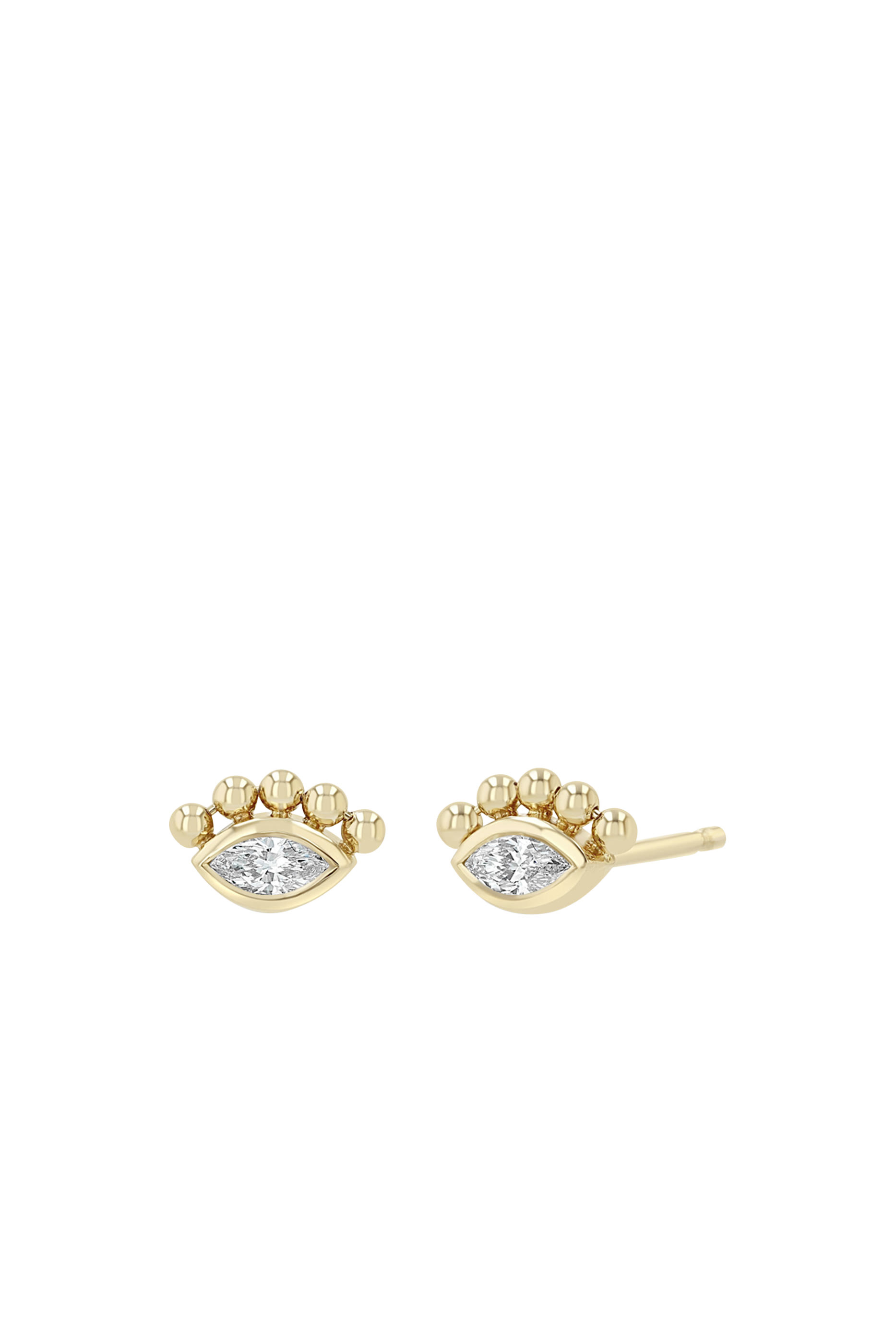  Beaded Marquise Diamond Bezel Studs, 14K Yellow Gold