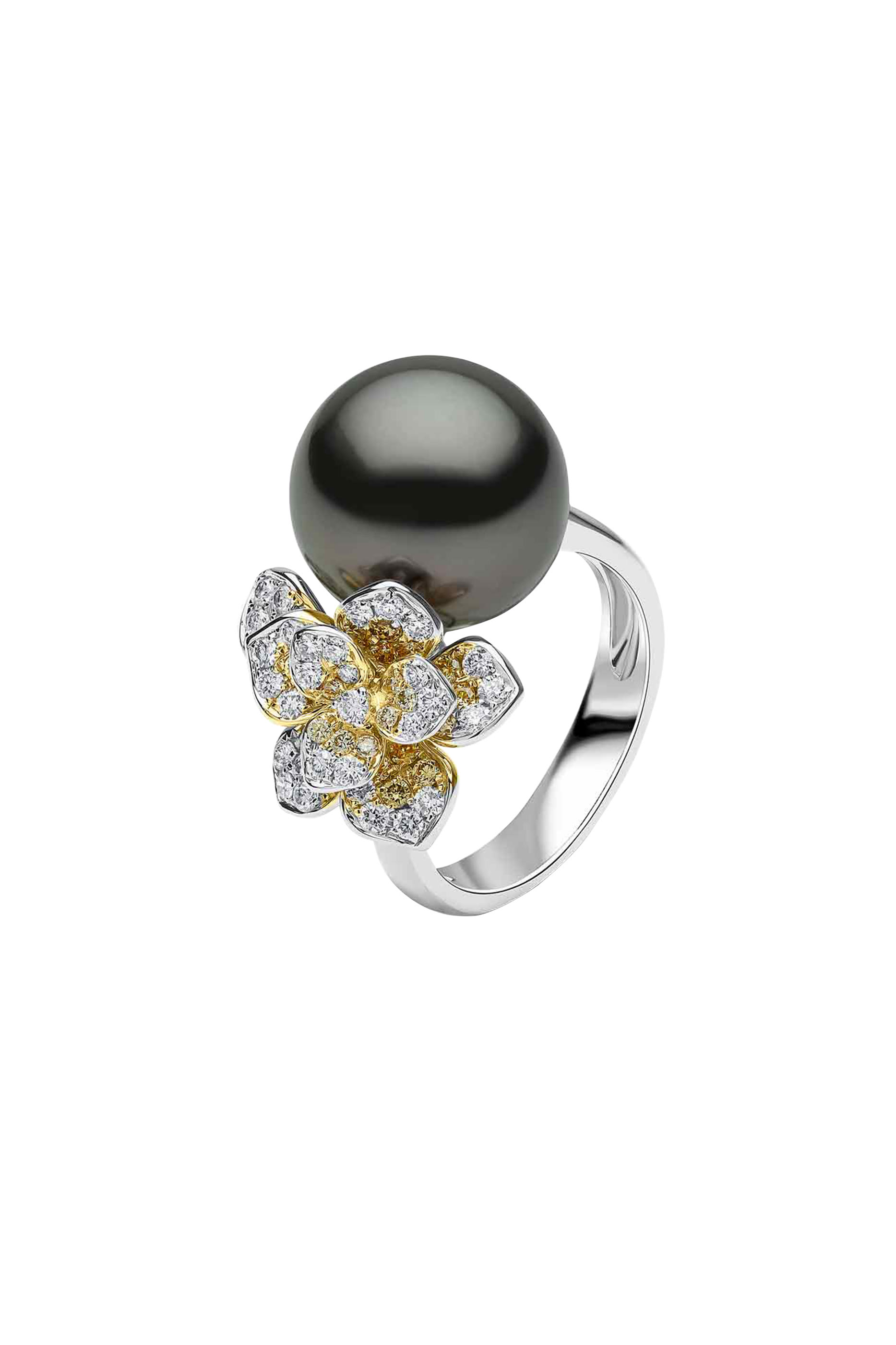  Flower Motif Ring, 18K White Gold with Tahitian Pearl & Diamonds