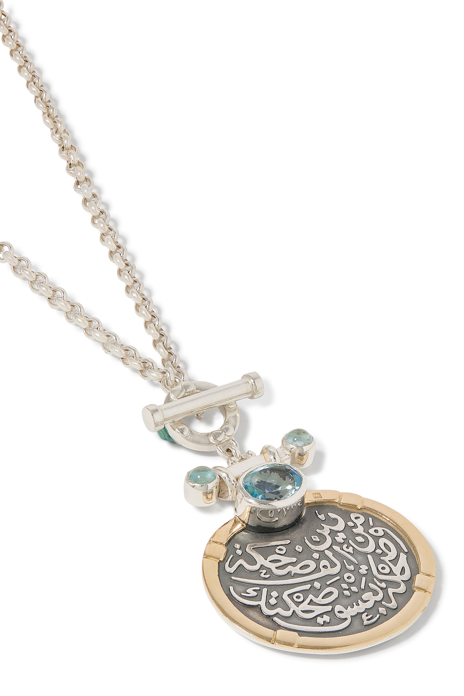 Coin Calligraphy Long Necklace, 18k Yellow Gold, Sterling Silver & Topaz