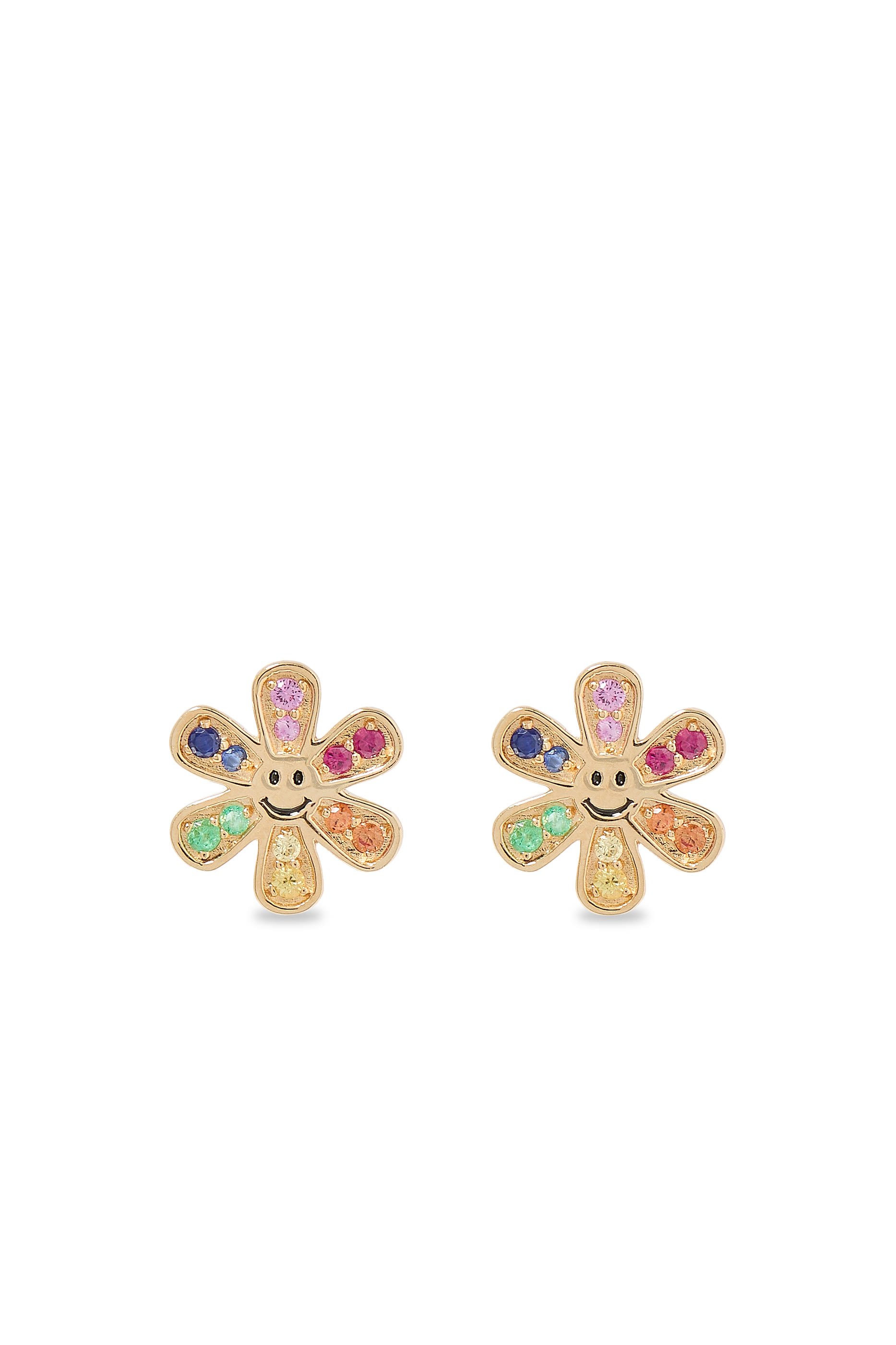 Kids Daisy Happy Face Studs, 14K Yellow Gold &  Diamonds