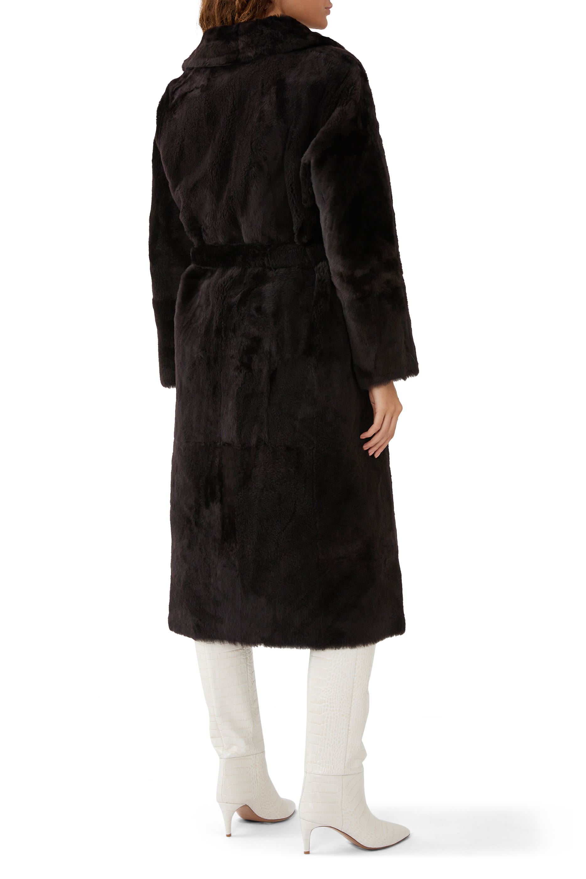 Long Reversible Belted Shearling Coat