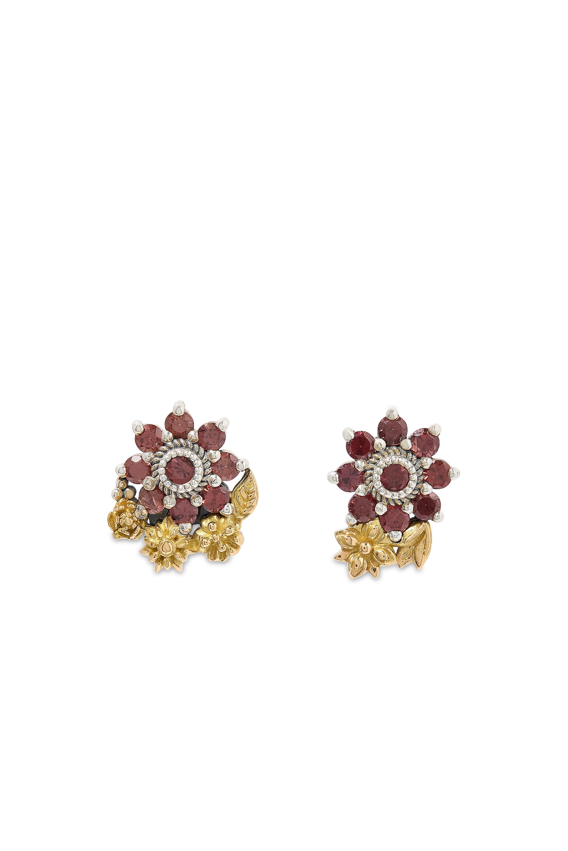 Mismatched Floral Earrings, 18K Yellow Gold with Sterling Silver &  Zircon 