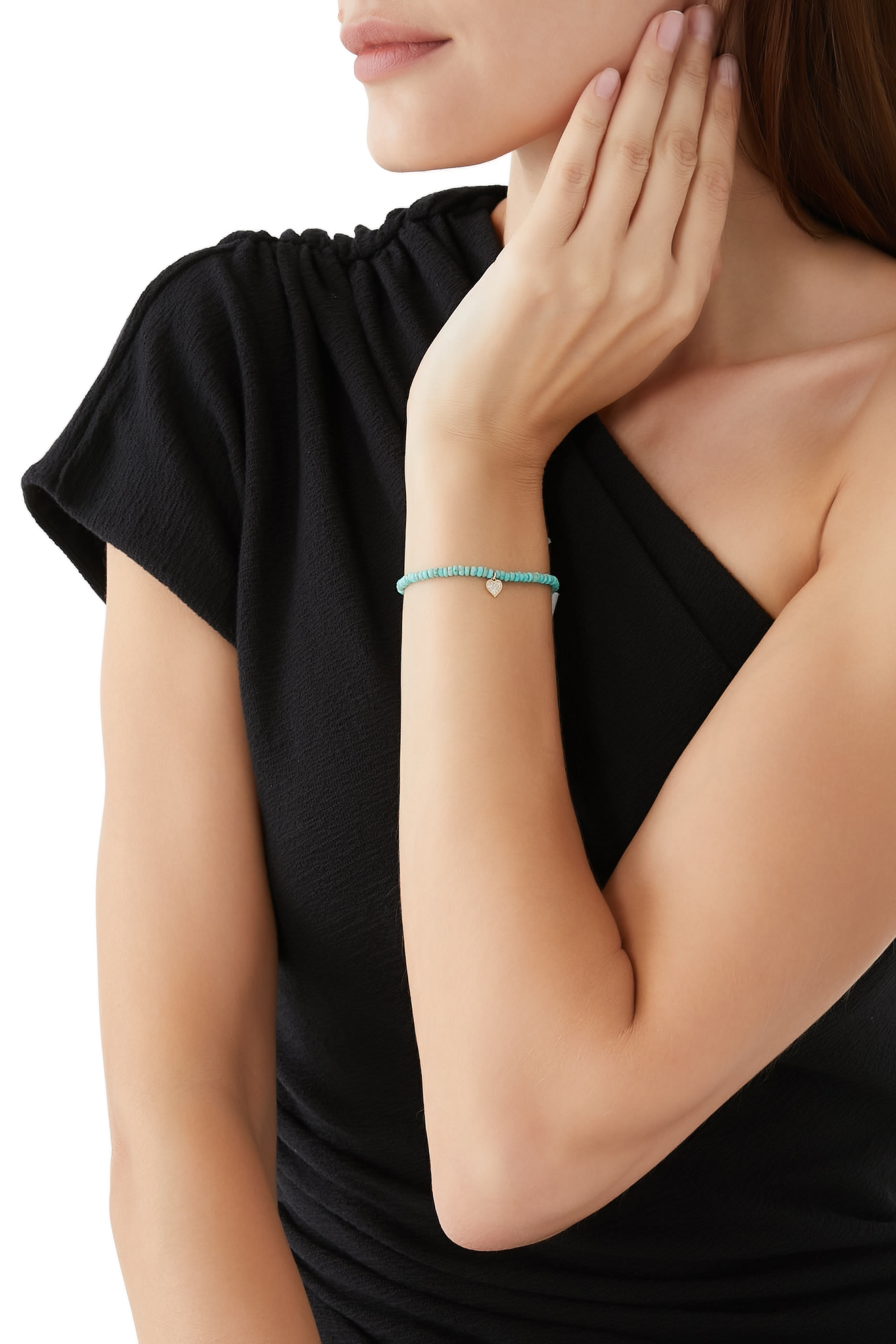 Baby Heart Charm Bracelet, 14K Yellow Gold with Diamonds & Turquoise Beads