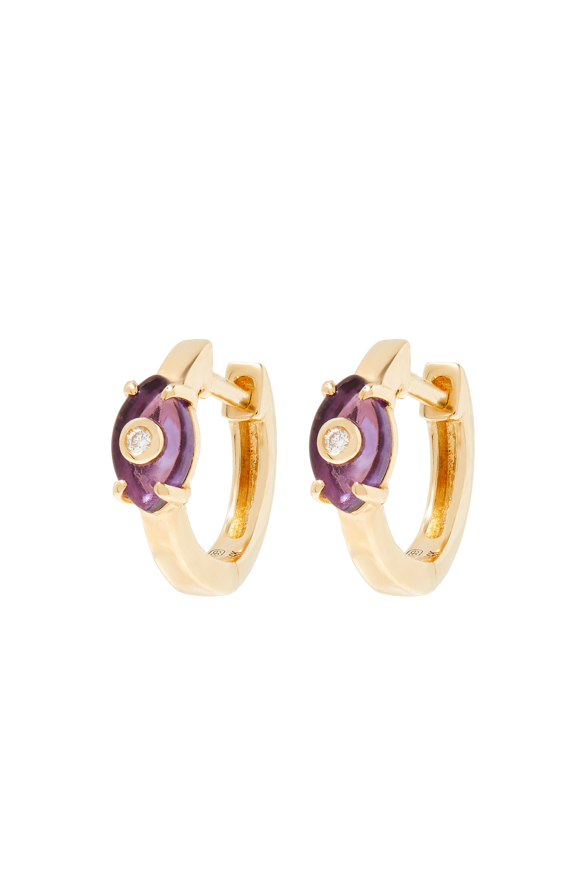 Tiny Carved Stone Huggie Earrings, 14k Yellow Gold, Amethyst & Diamond
