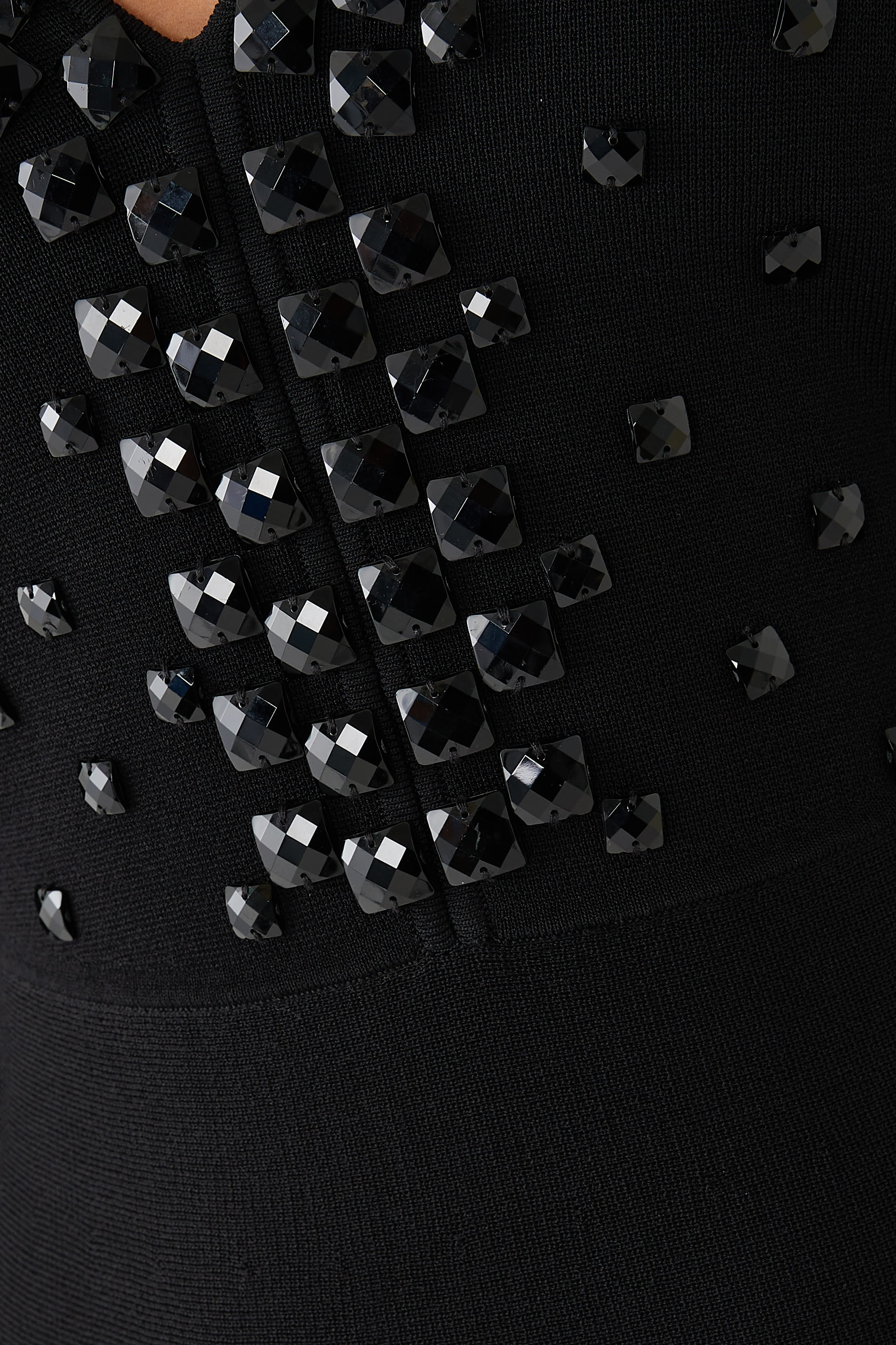 Milano-Stitch Fabric, V-Neck Dress with Cabochon Gemstones