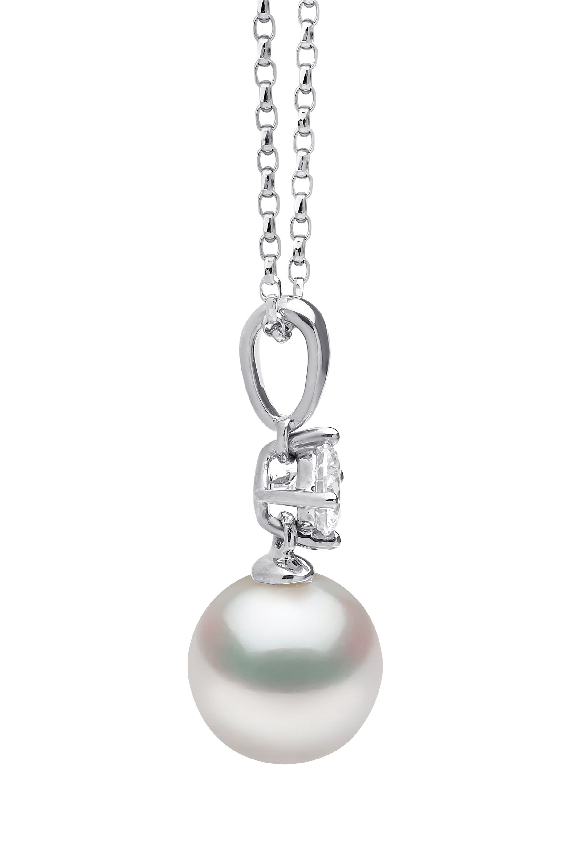 Classic Pendant Necklace, 18k White Gold, Diamond & 9mm Pearl