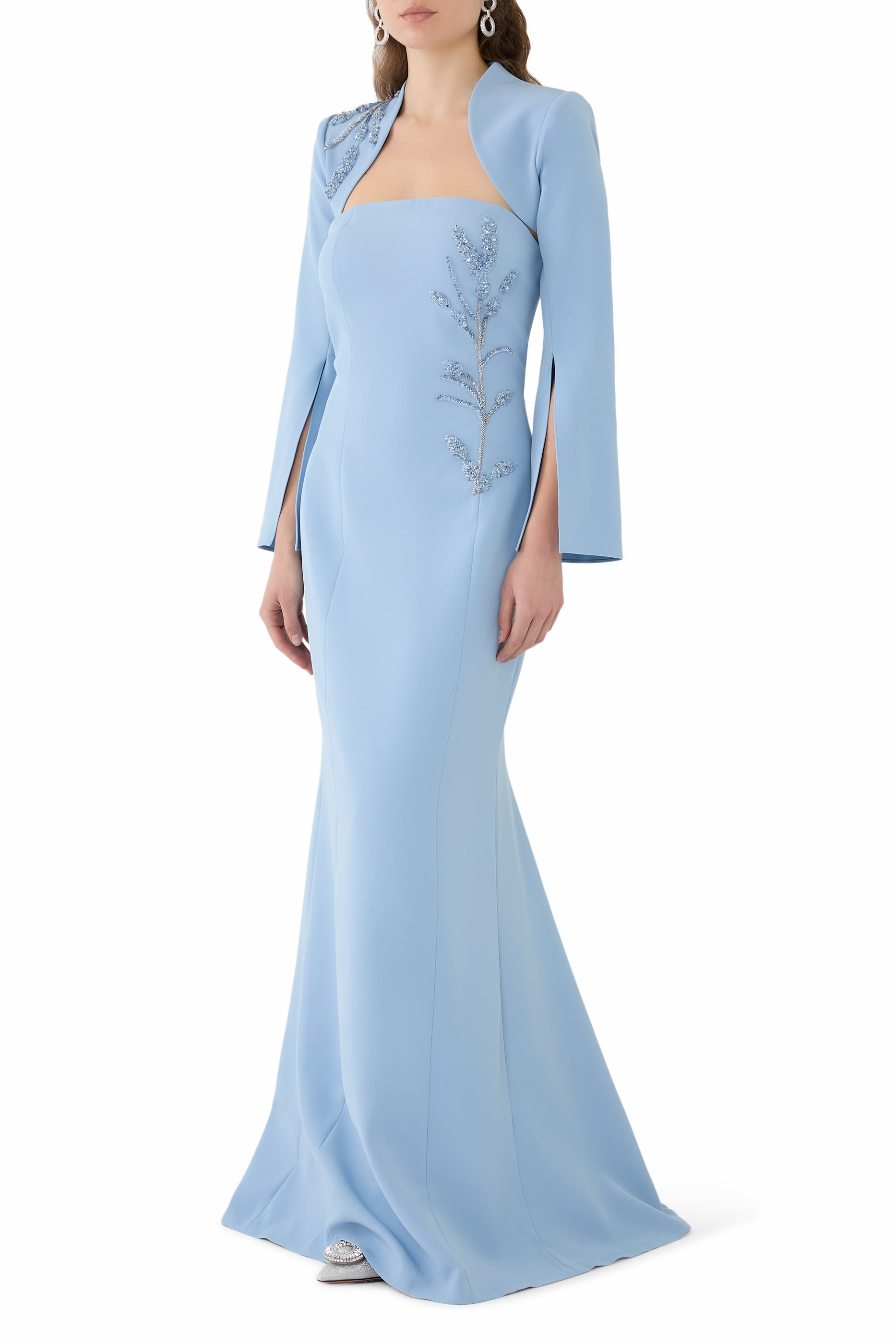 Crepe Bead Trim Bolero and Strapless Gown