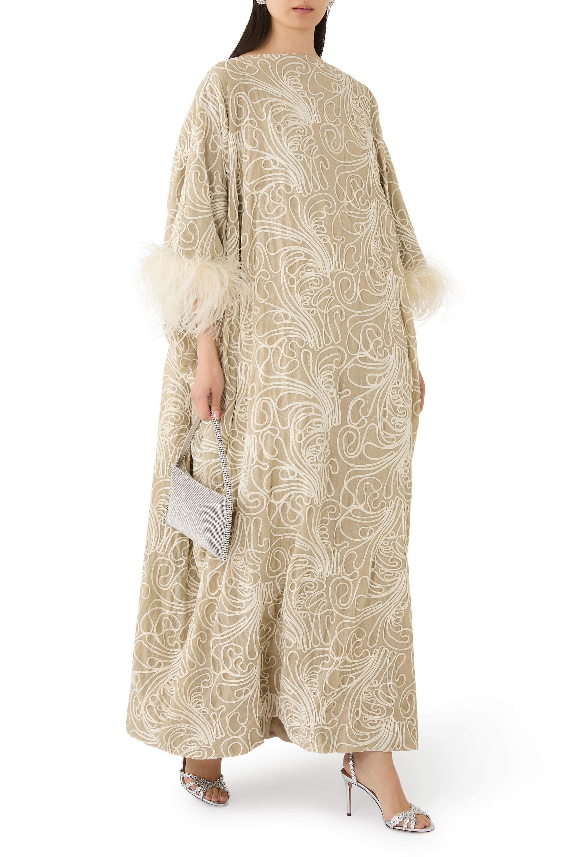 Abstract Embroidery Cocoon Dress with Feathers